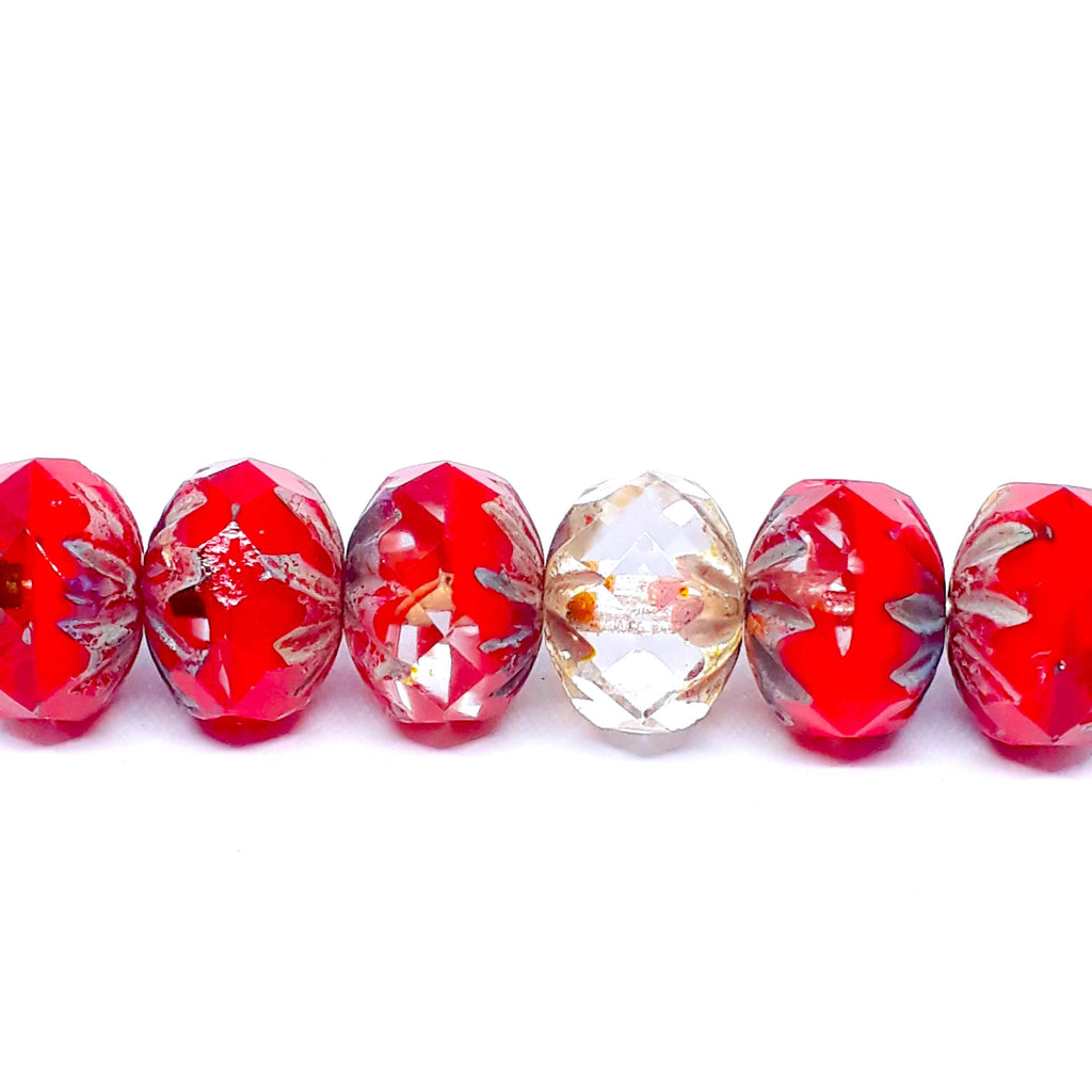 Red & Clear Czech Glass Rondelle Cathedral 10x7mm - 6pcs