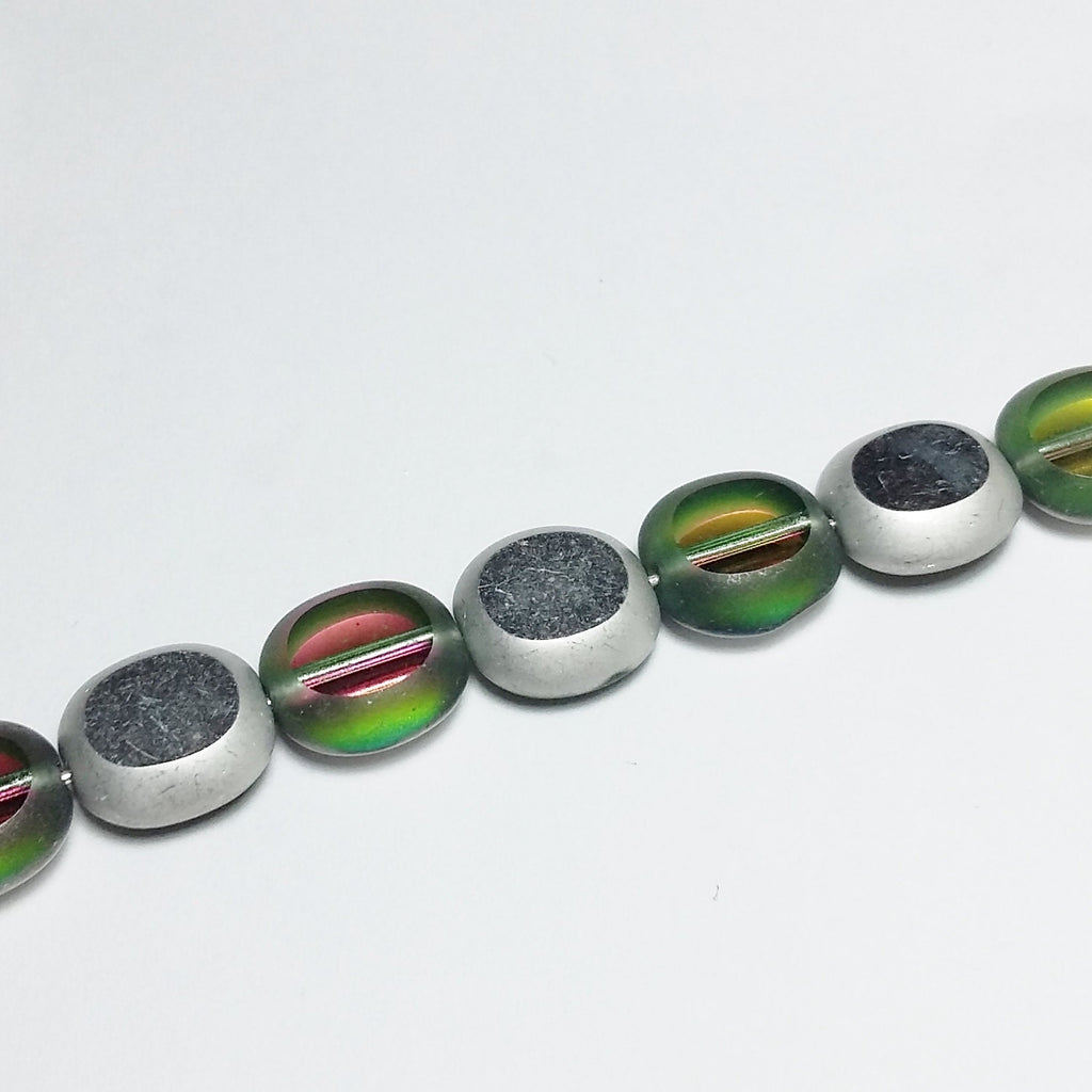 2-Sided Green & Pink/Silver Czech Glass Cushion 10x9mm - 10pcs