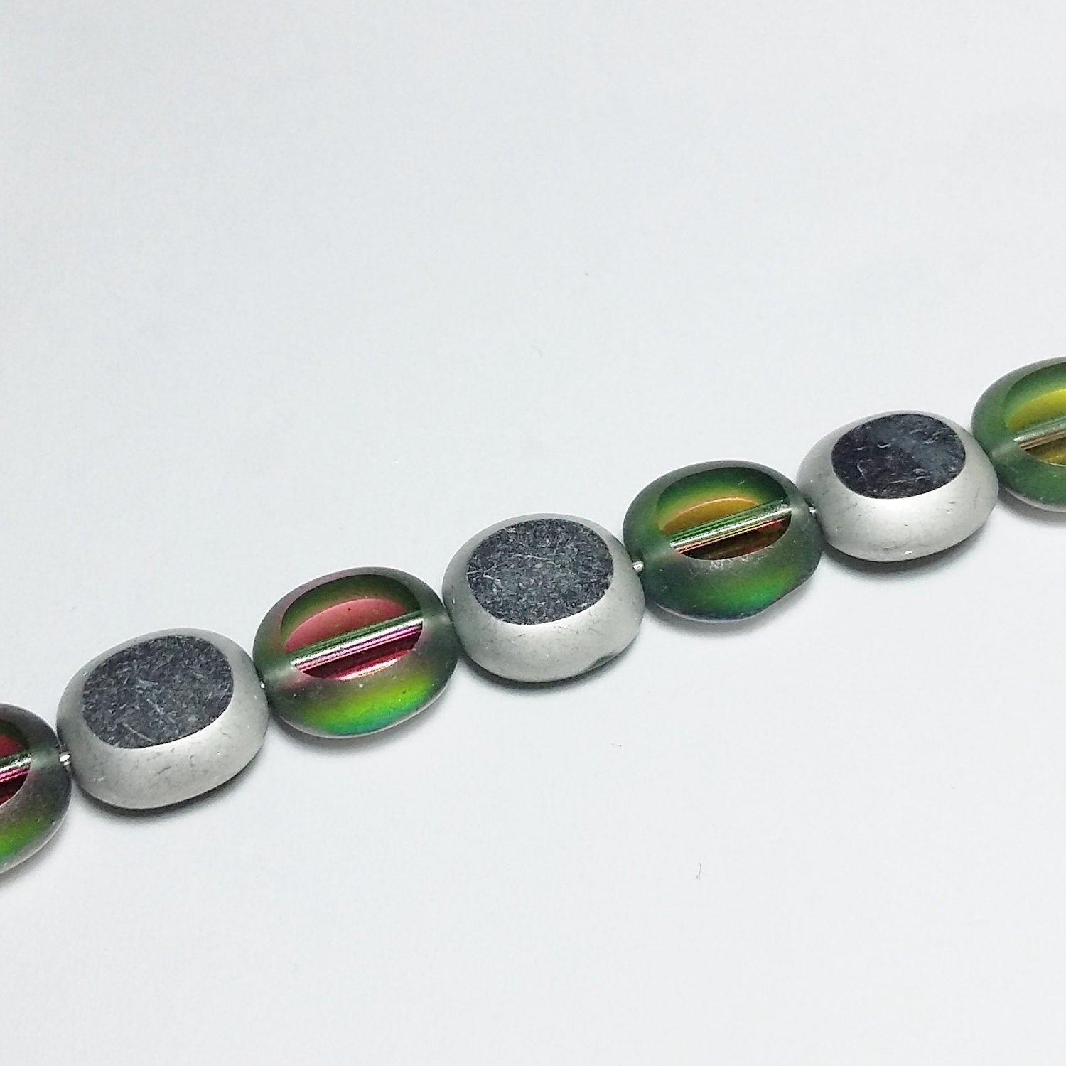 2-Sided Green & Pink/Silver Czech Glass Cushion 10x9mm - 10pcs