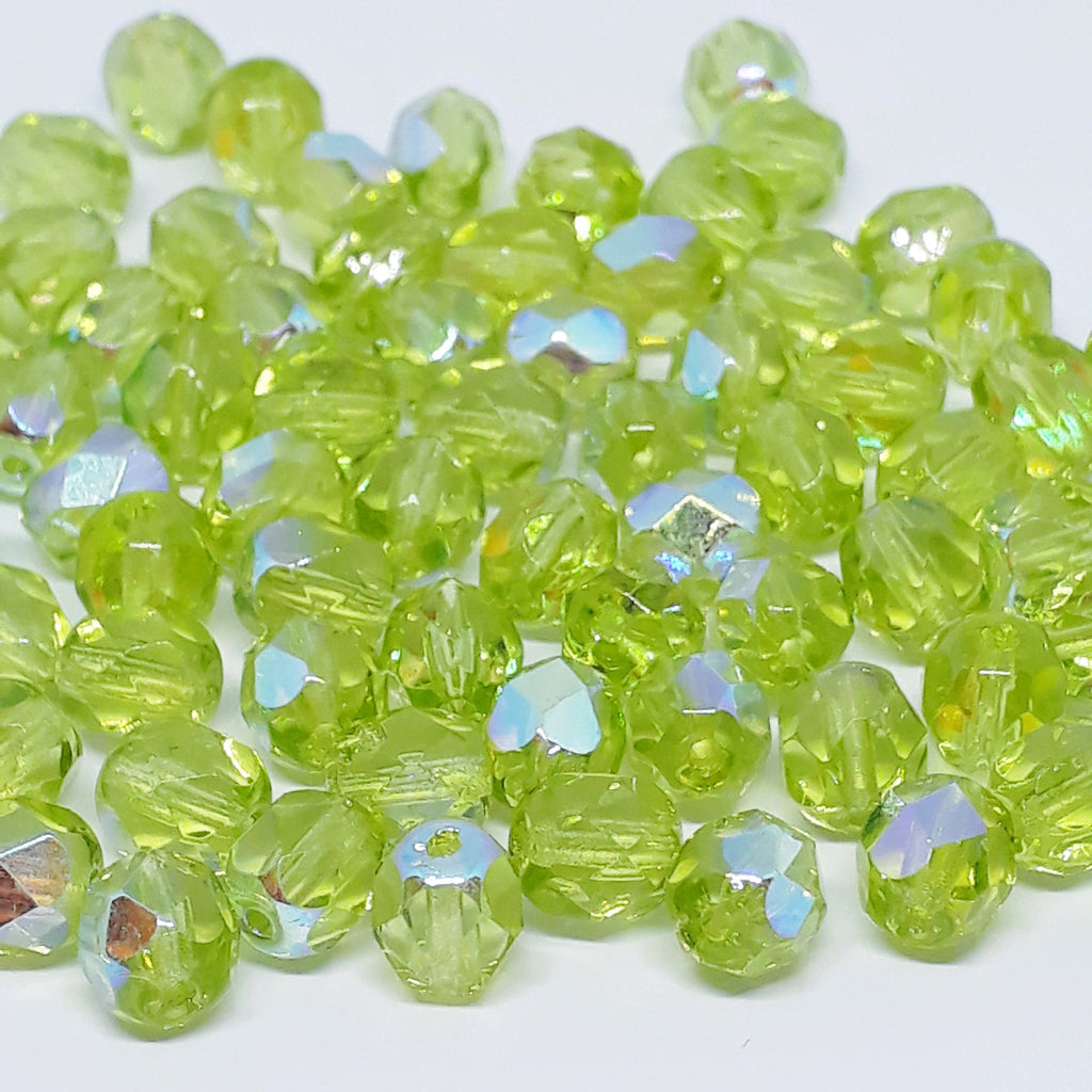 Green & Metallic AB Faceted Czech Glass Round 6mm - 20pcs