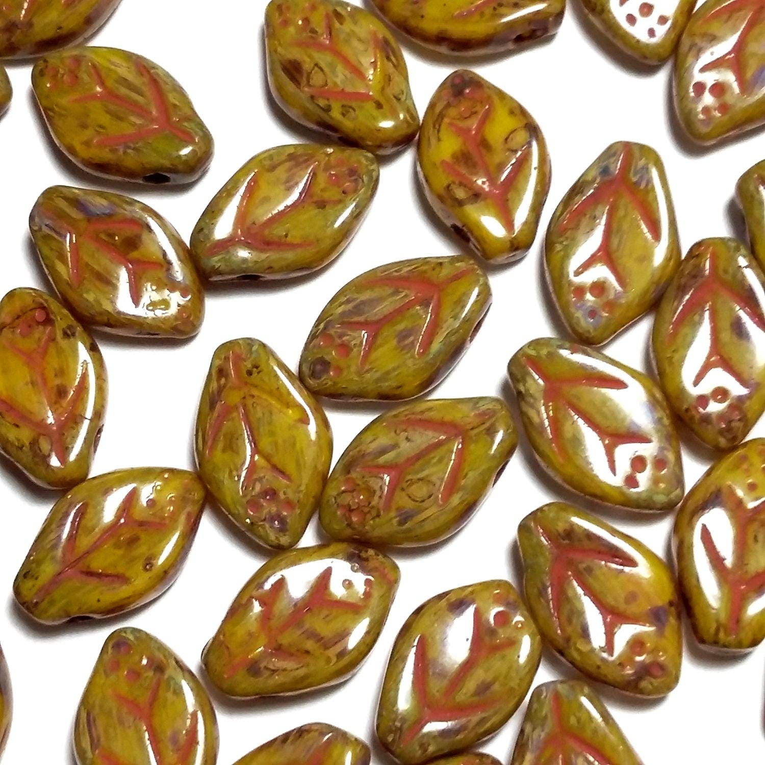 Green & Red Picasso Czech Glass Leaf 12x7mm - 20pcs