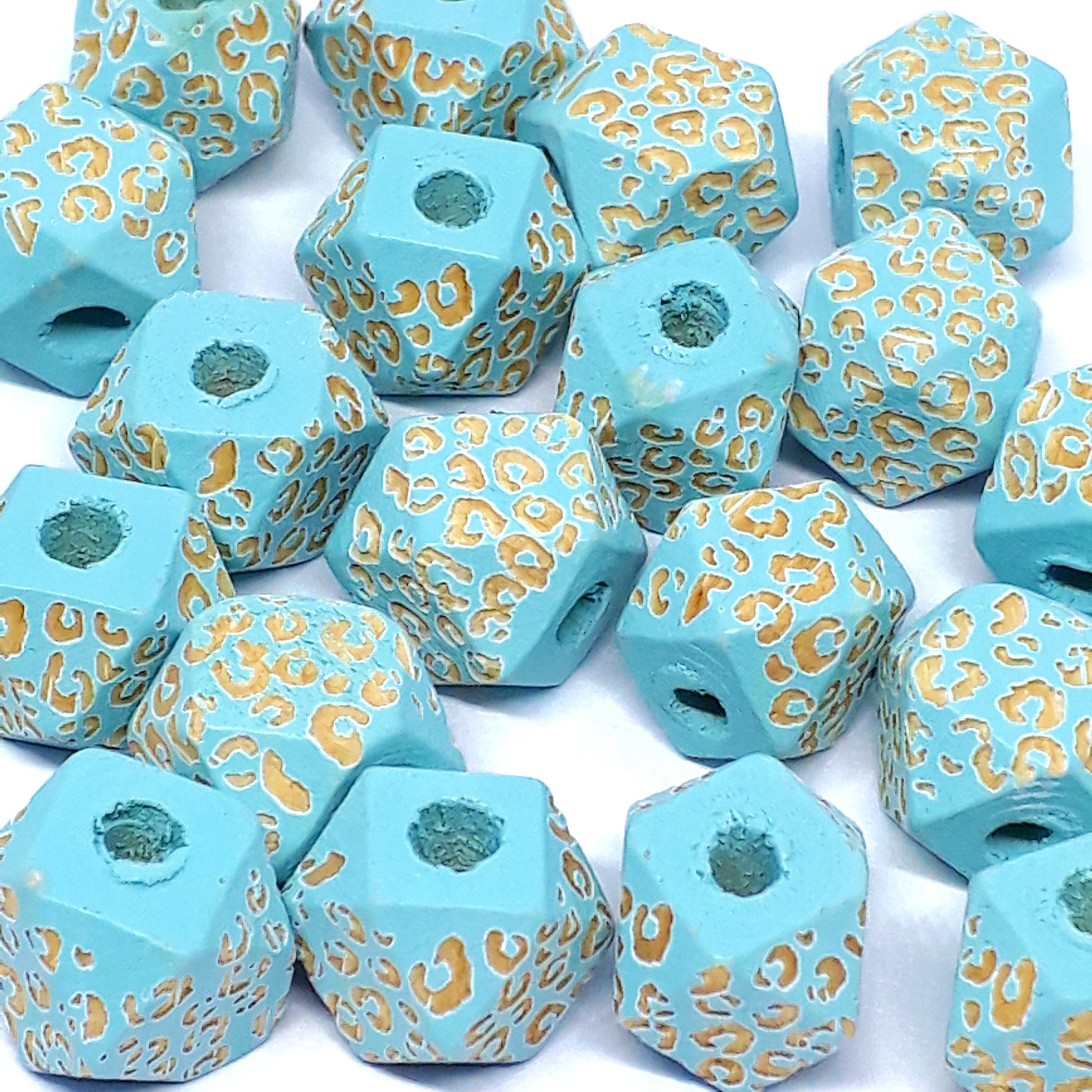 Turquoise Leopard Print Carved Wood Polygon 10x10mm - 5pcs