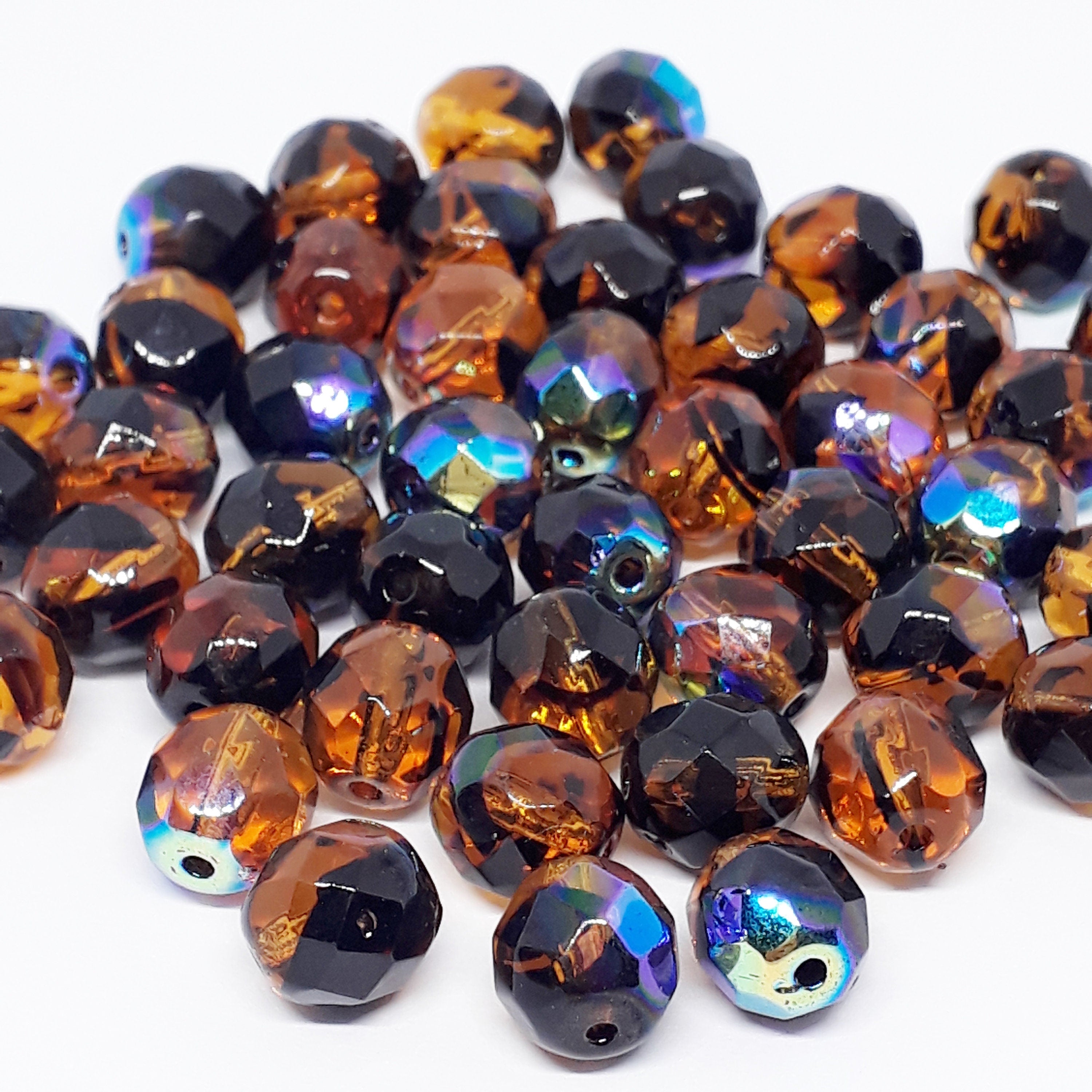Orange & Black Metallic AB Faceted Czech Glass Oval 8x7mm - 10pcs