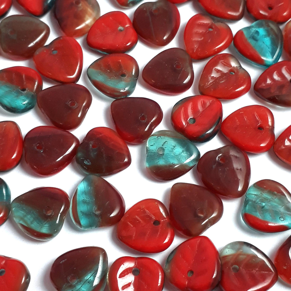 Red & Teal Czech Glass Leaf 9mm - 30pcs