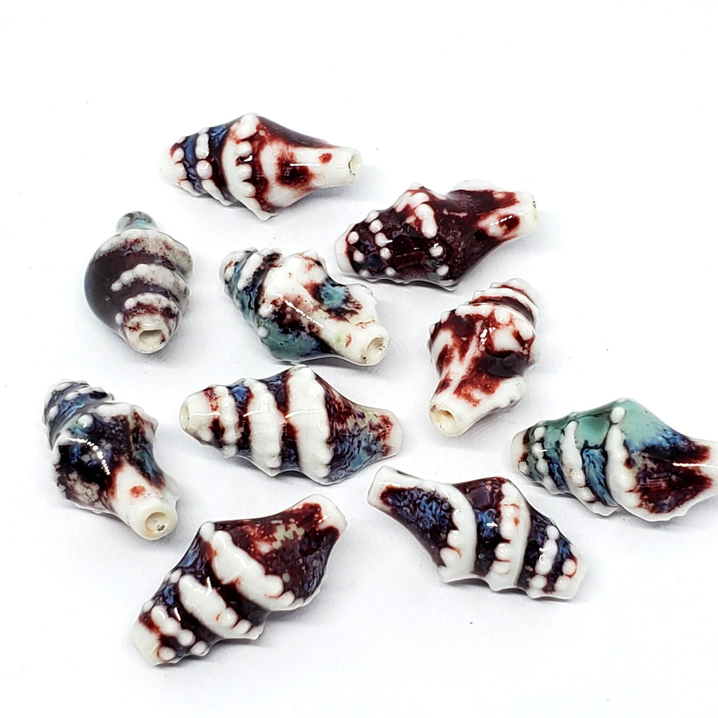 White. Blue & Red Conch Shell Glazed Ceramic 20x11mm - 2pcs