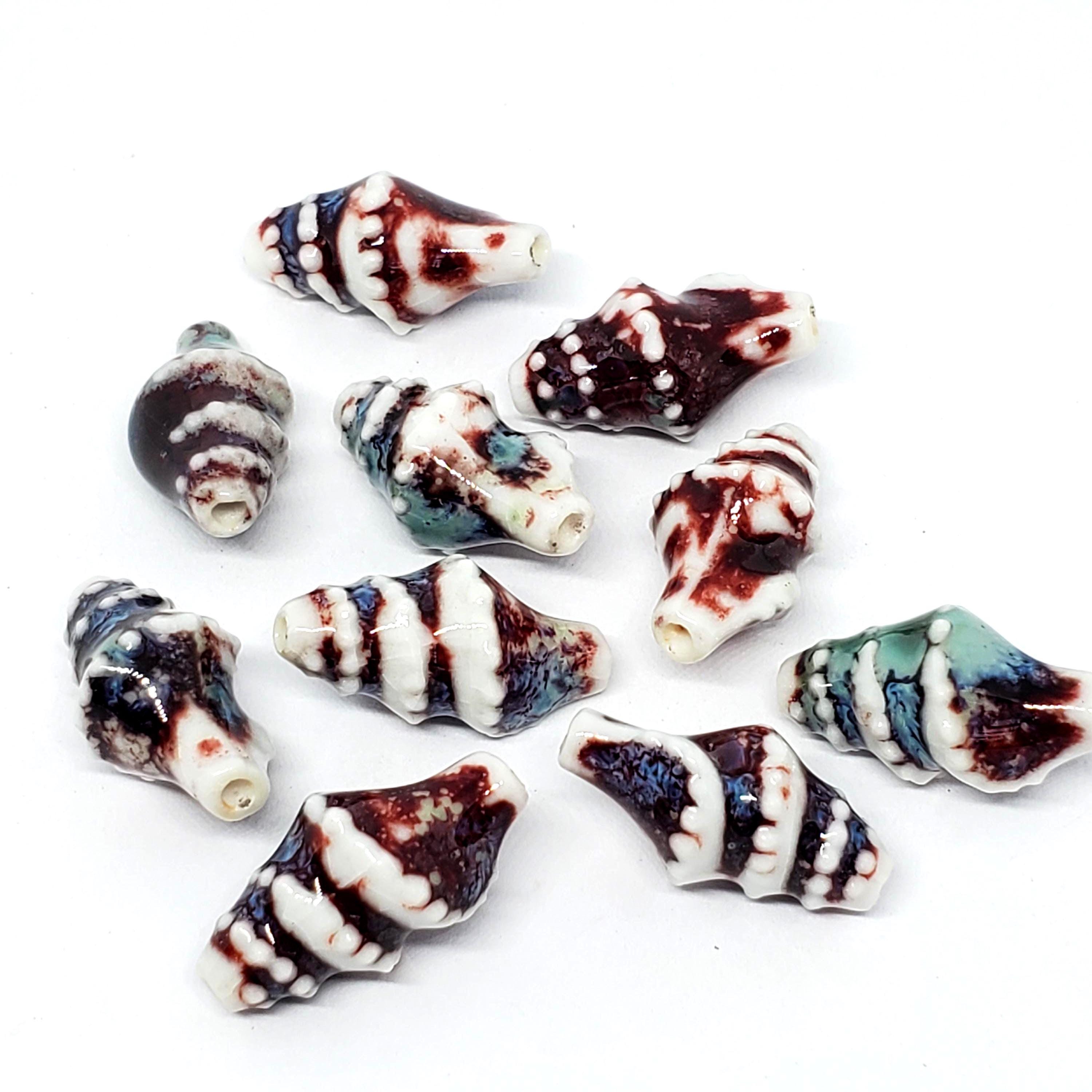 White. Blue & Red Conch Shell Glazed Ceramic 20x11mm - 2pcs