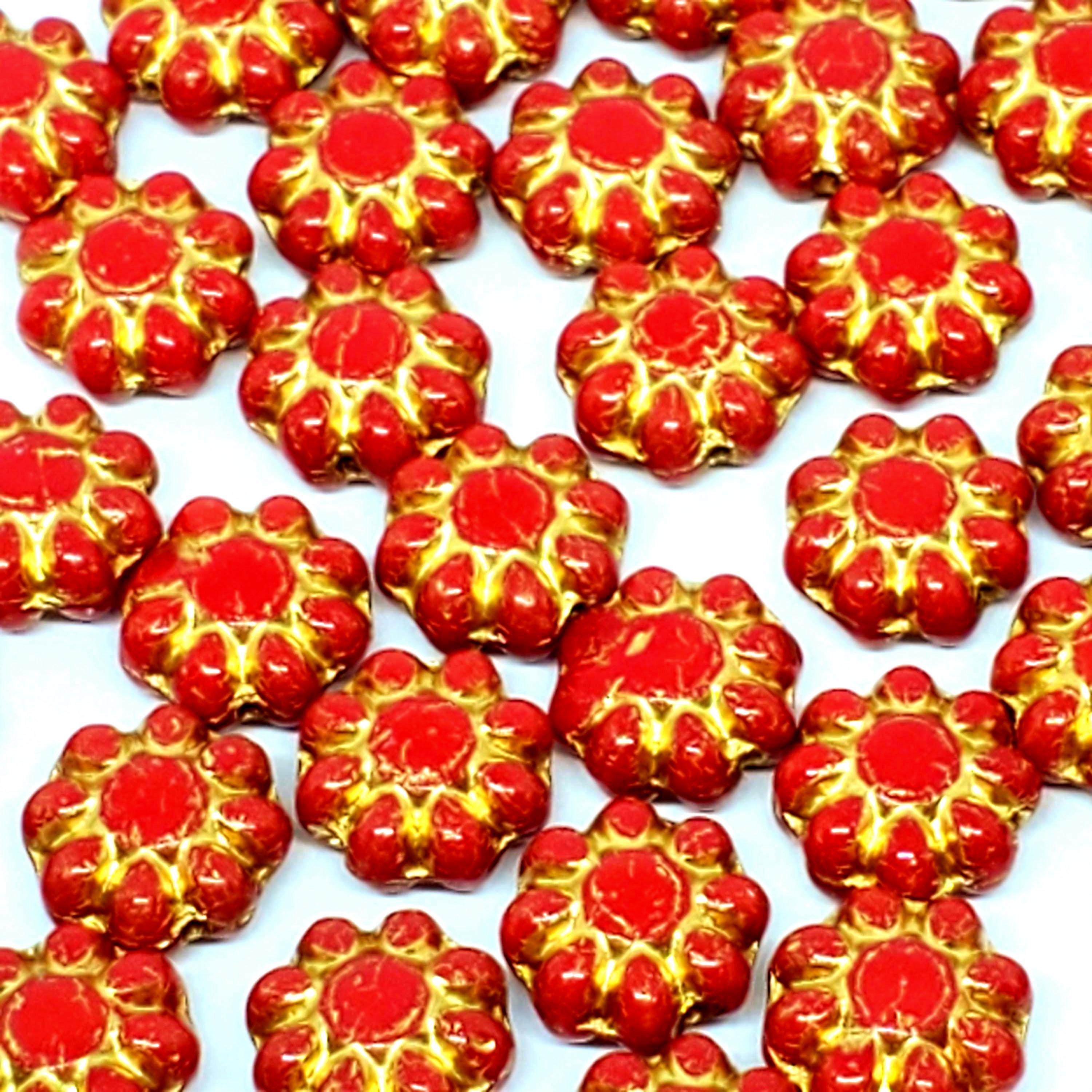 Red/Gold-Lined Czech Glass Hawaiian Flower 9mm - 10pcs
