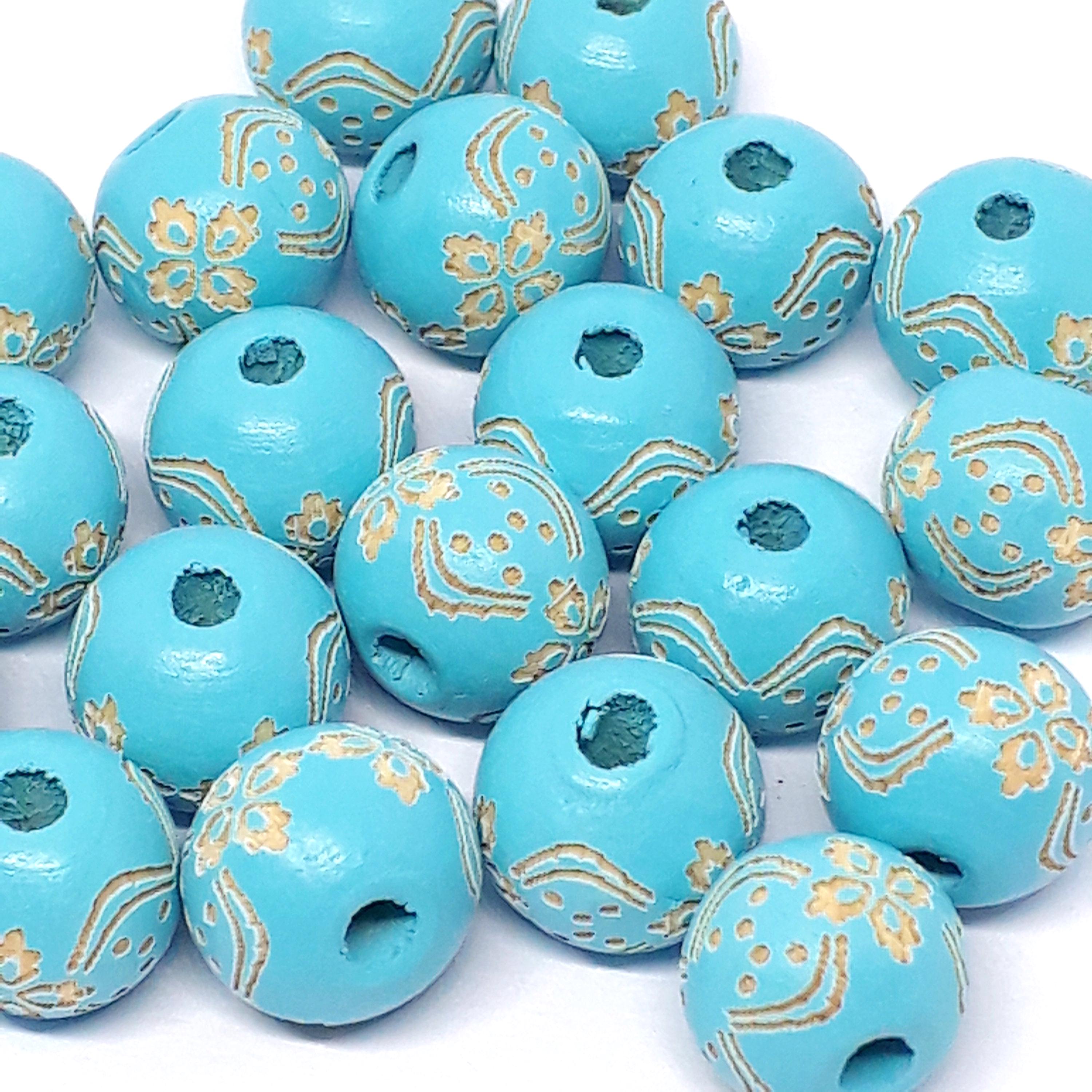 Turquoise Carved Floral Wood Round 10x9mm - 5pcs