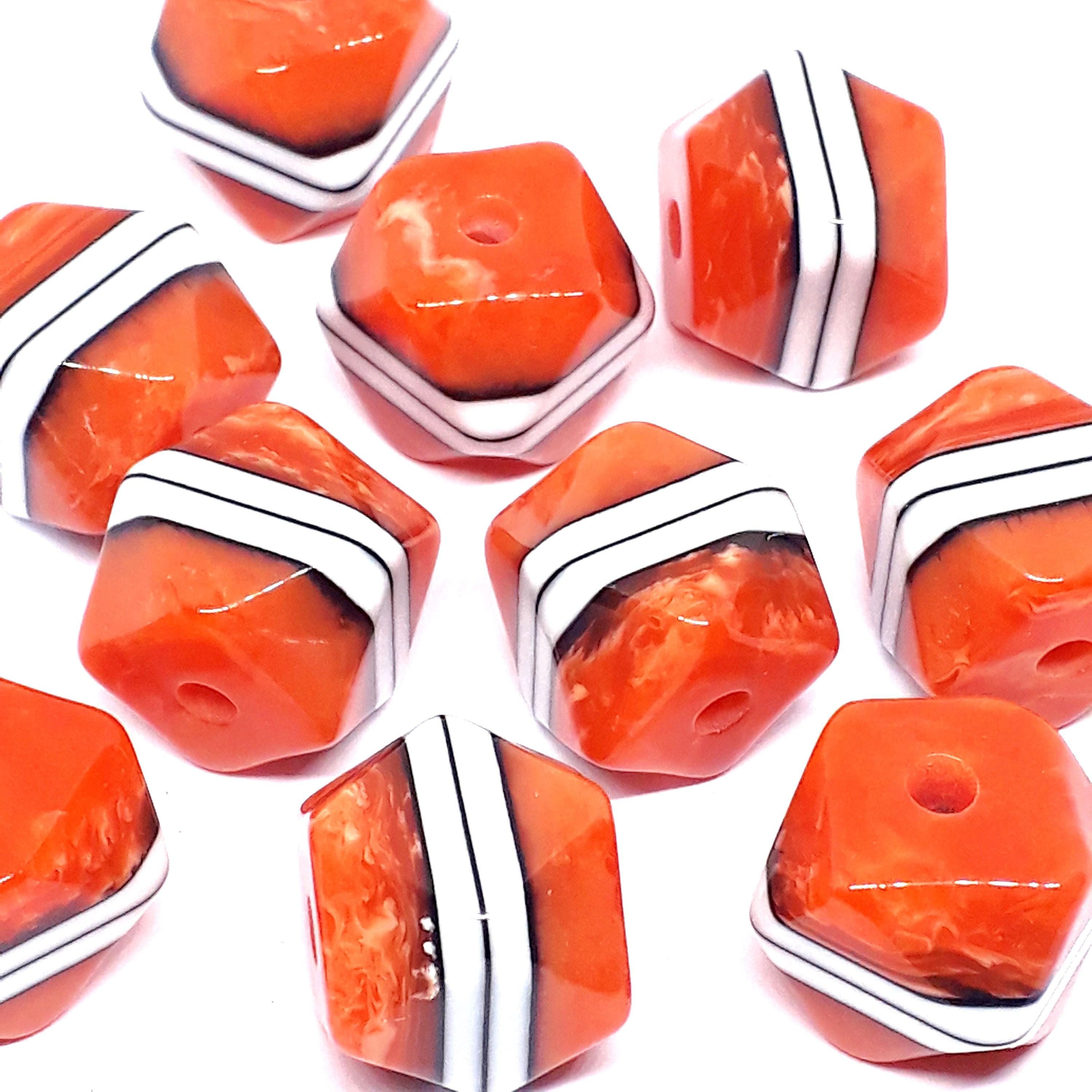 Orange White Striped Faceted Cube Resin 15mm - 2pcs