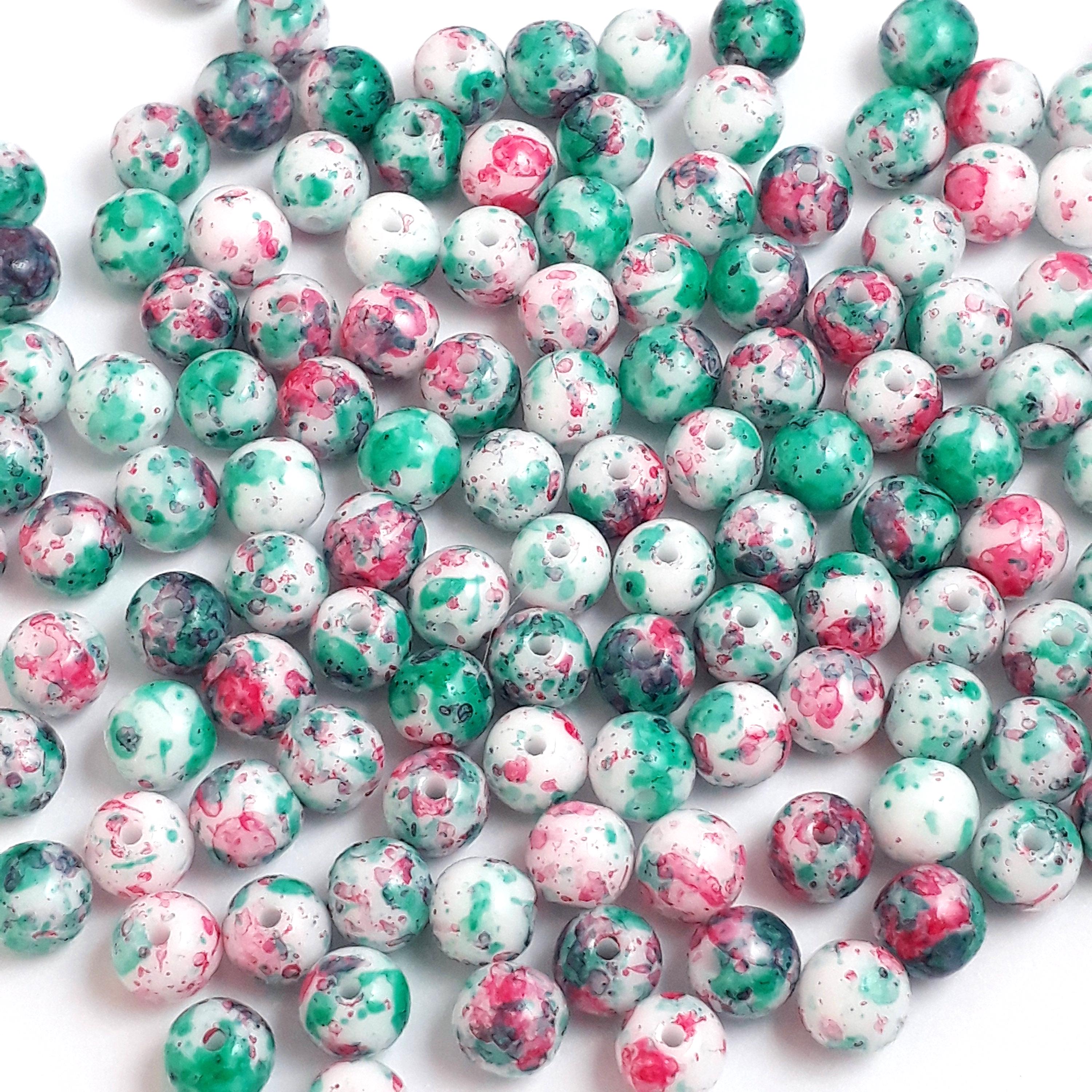 White, Green & Pink Mottled Czech Glass Round 4mm - 60pcs