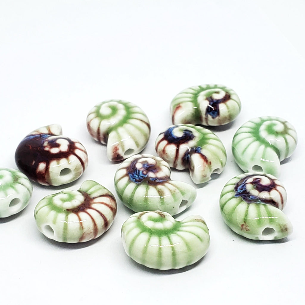 Seashell Chunky Glazed Ceramic Light Green Multicolour 21x17mm - 2pcs