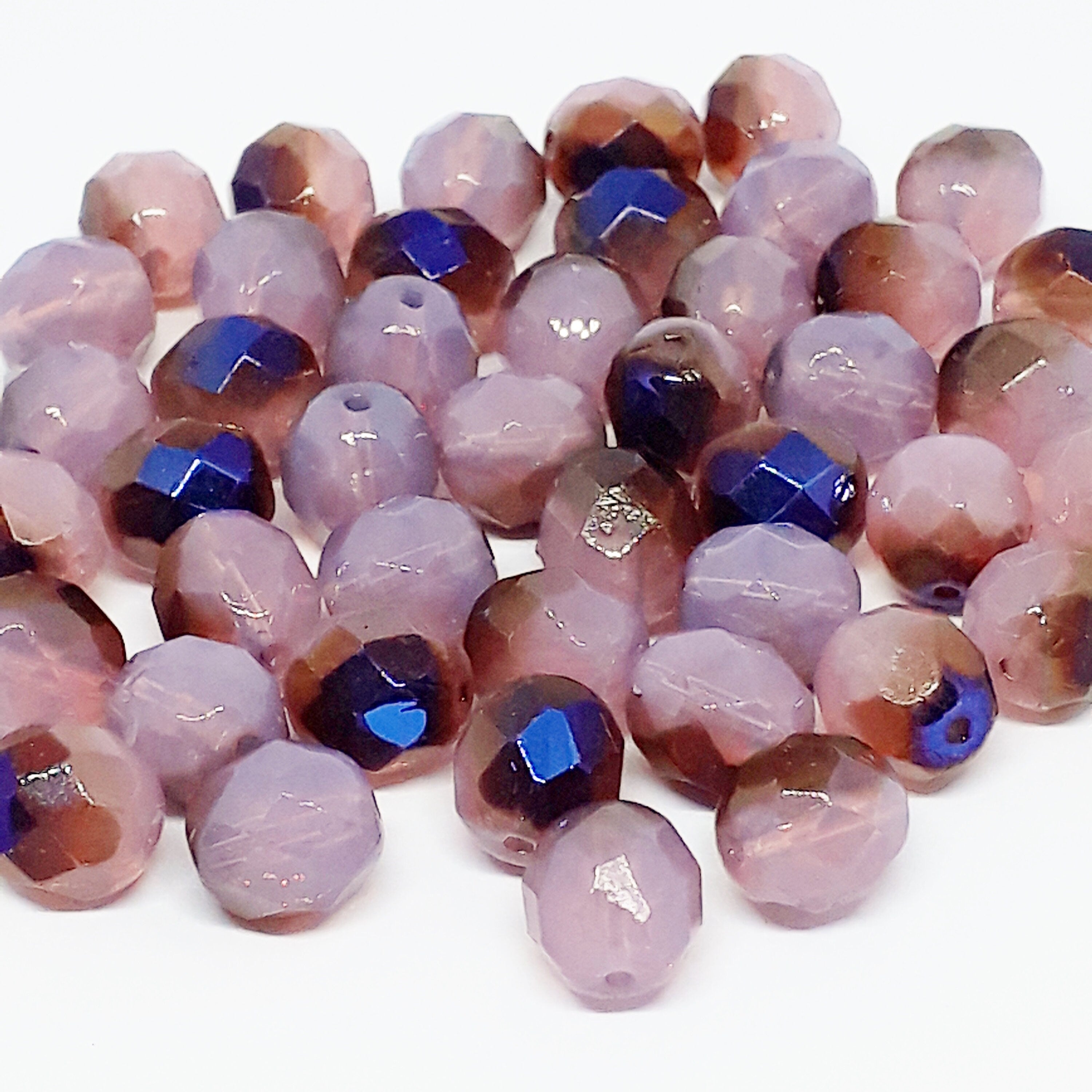Pink, Metallic Blue & Brown Faceted Czech Glass Round 8x7mm - 10pcs