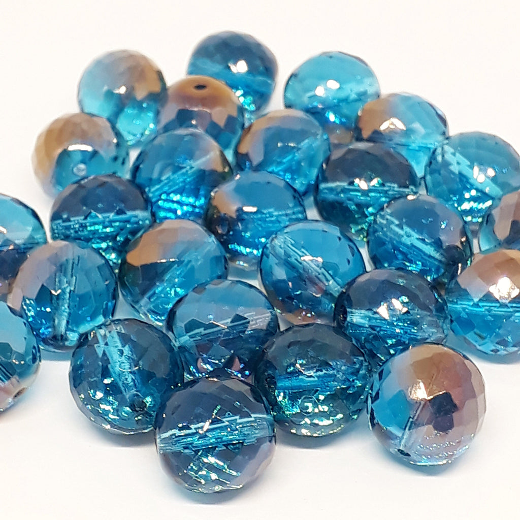 Blue & Copper Faceted Czech Glass Round 12x11mm - 4pcs