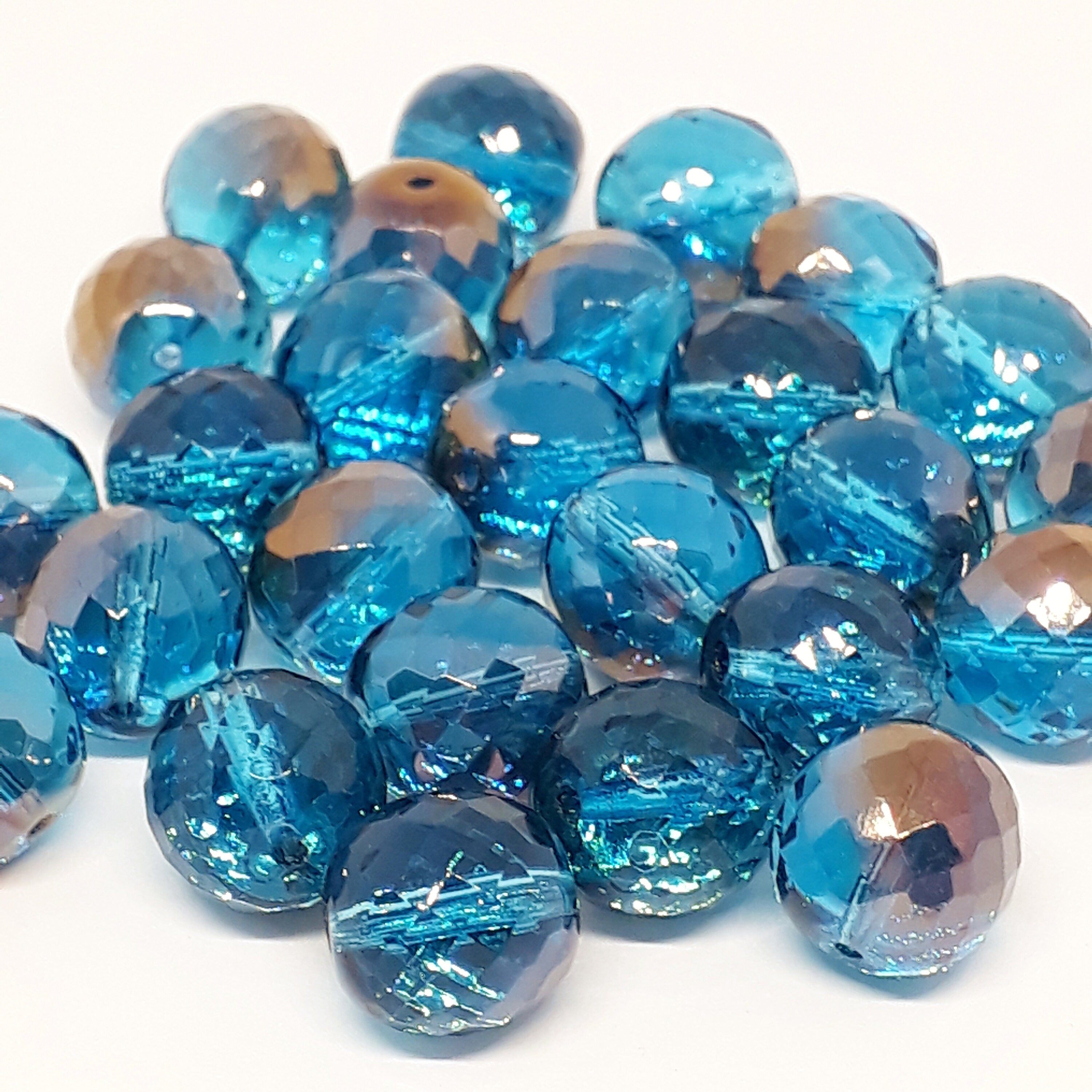 Blue & Copper Faceted Czech Glass Round 12x11mm - 4pcs