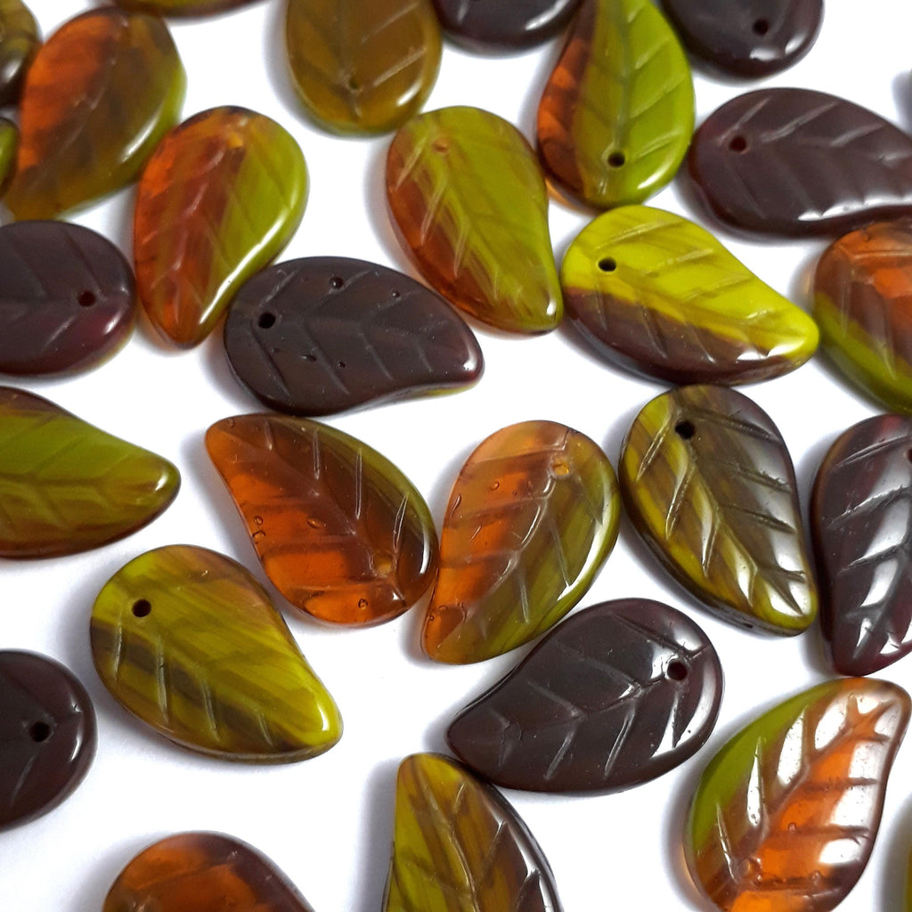 Green & Brown Czech Glass Leaf 14x9mm - 10pcs