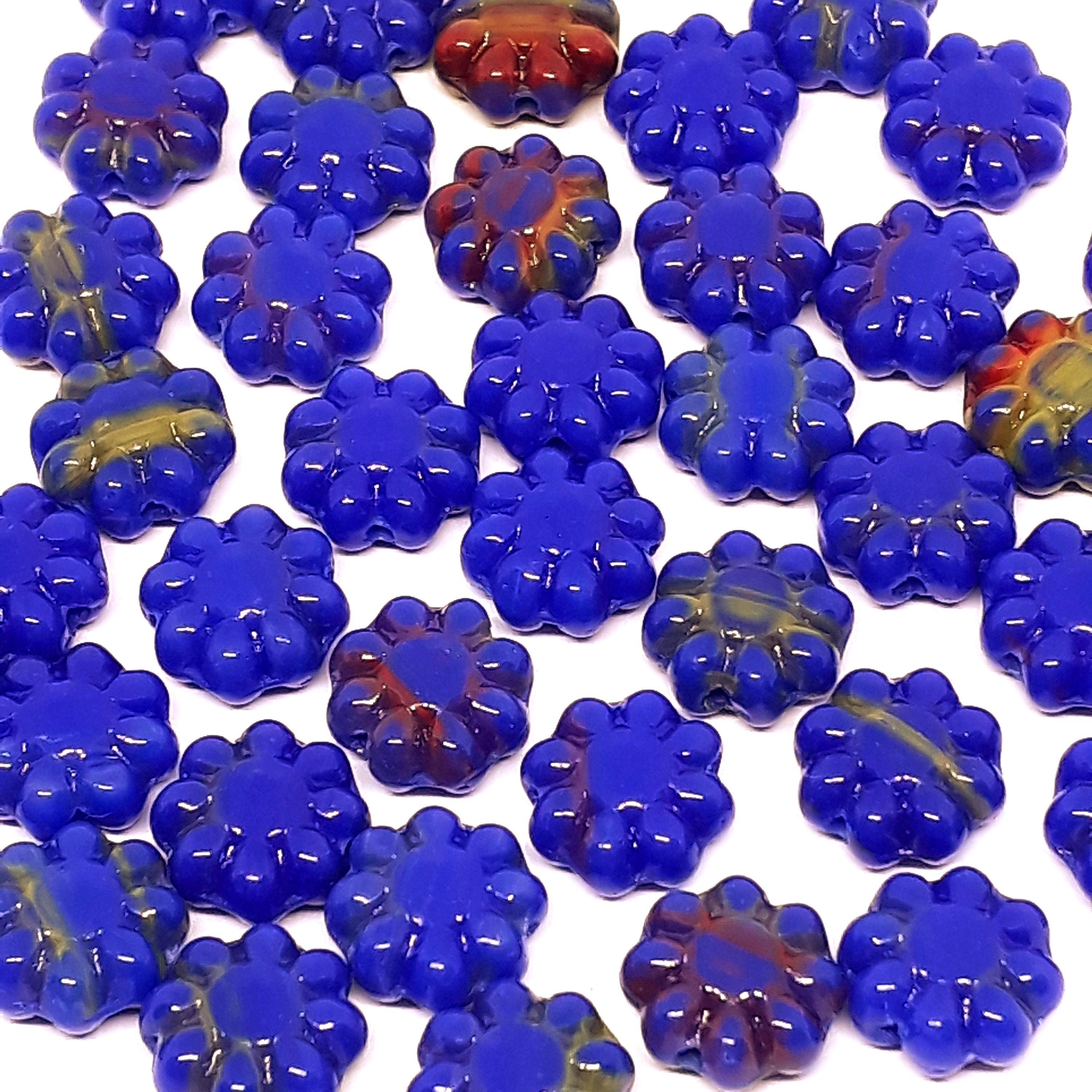 Blue Green & Red Czech Glass Hawaiian Flower 9mm - 10pcs