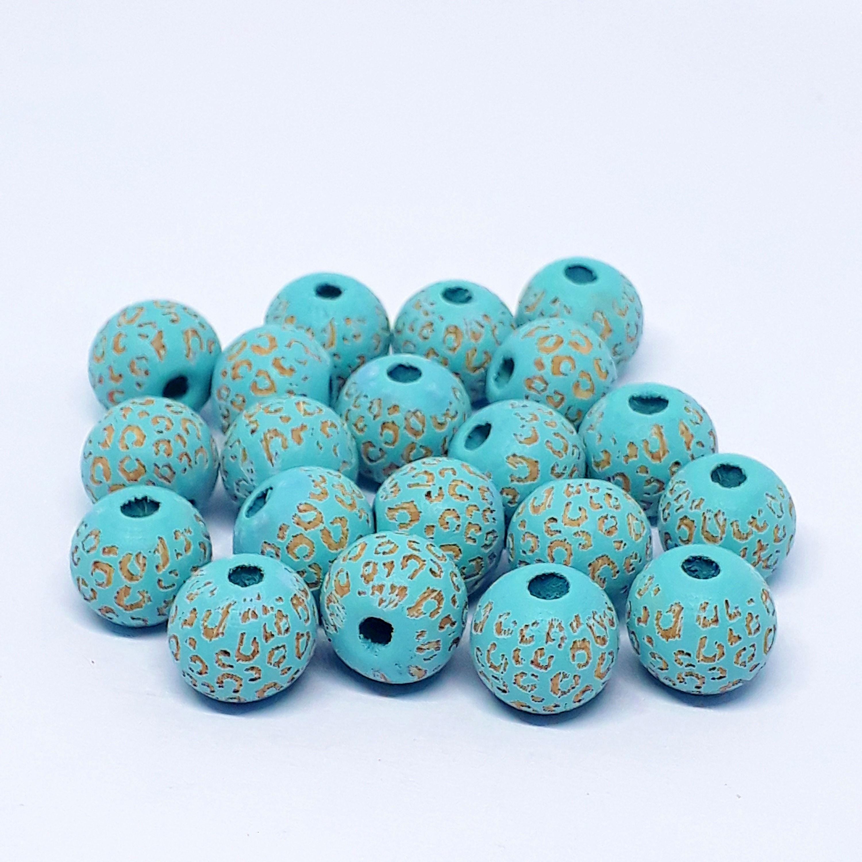 Turquoise Leopard Print Carved Wood Round 10x9mm - 5pcs