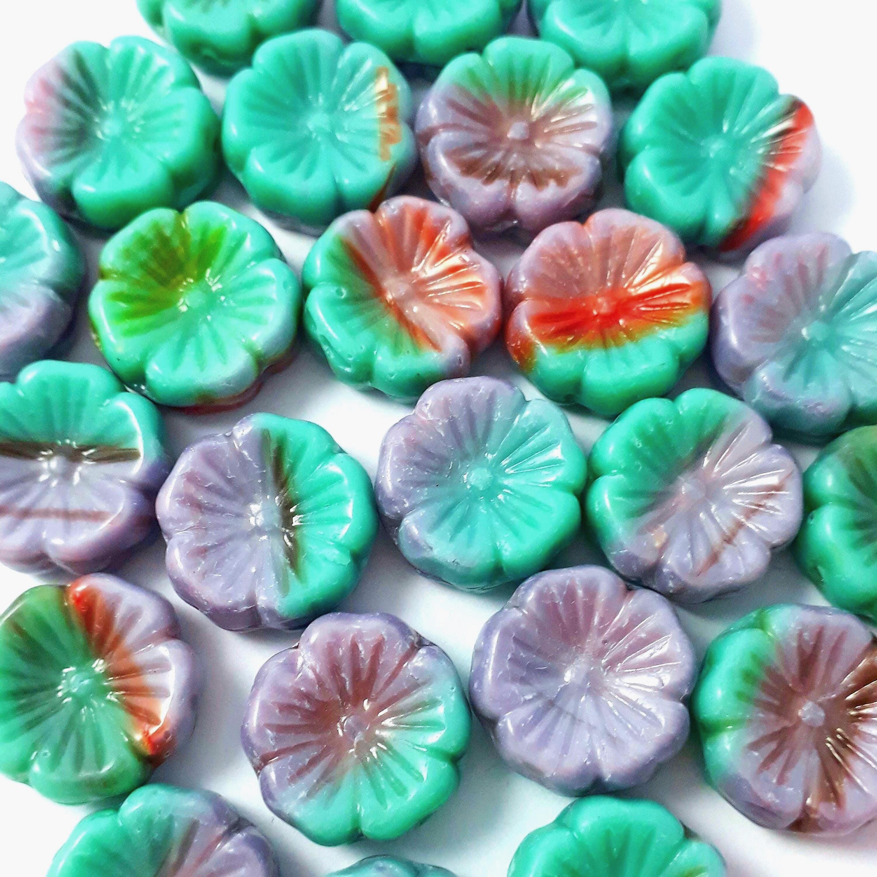 Purple & Turquoise Multicolour Hawaiian Flower Czech Glass 14mm - 6pcs