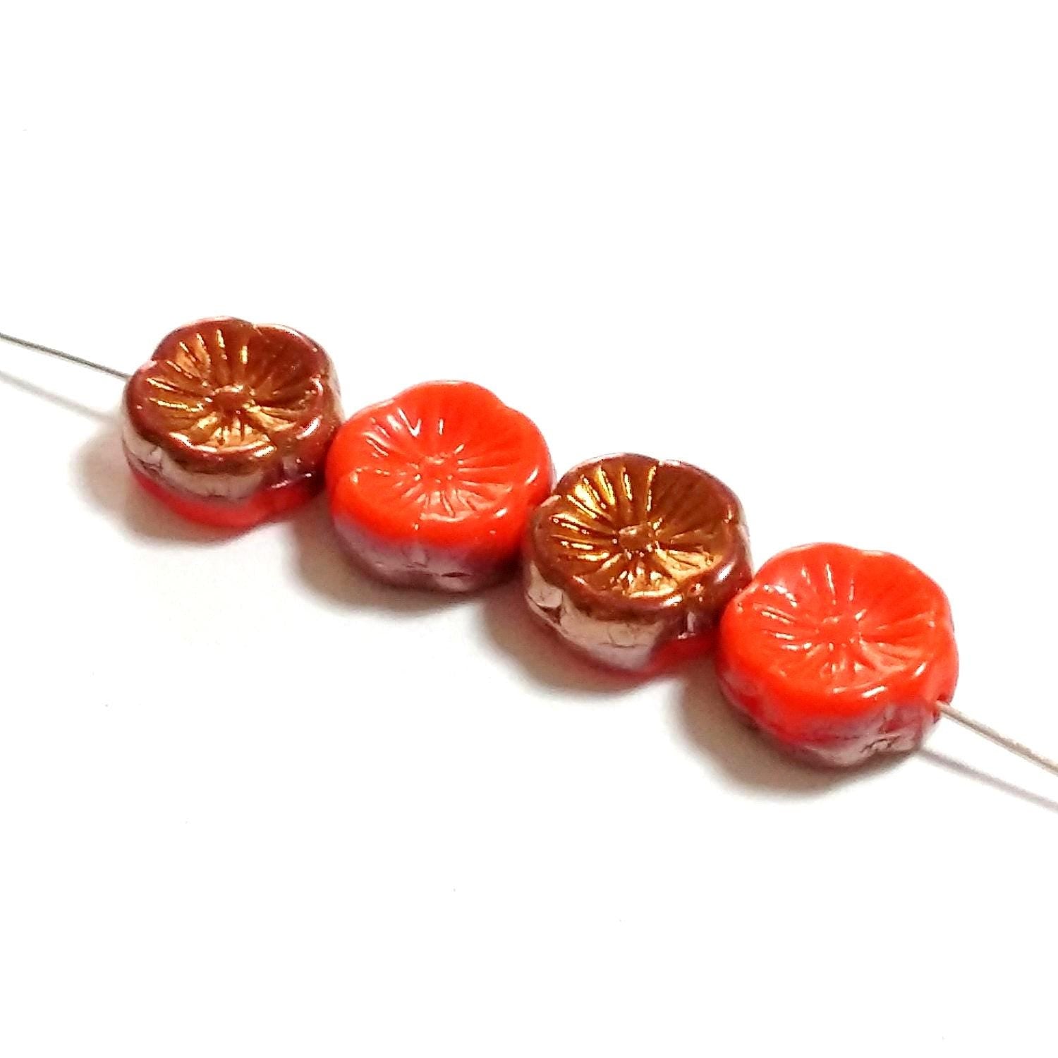 Orange & Copper Czech Glass Hawaiian Flower 12mm - 6pcs