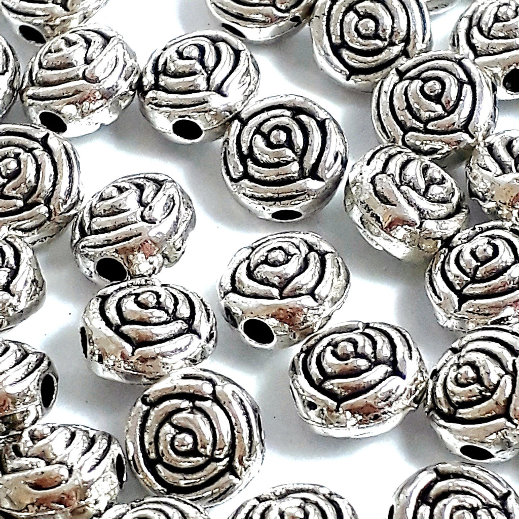 Round Rose Flower Antique Silver 7mm - 20pcs