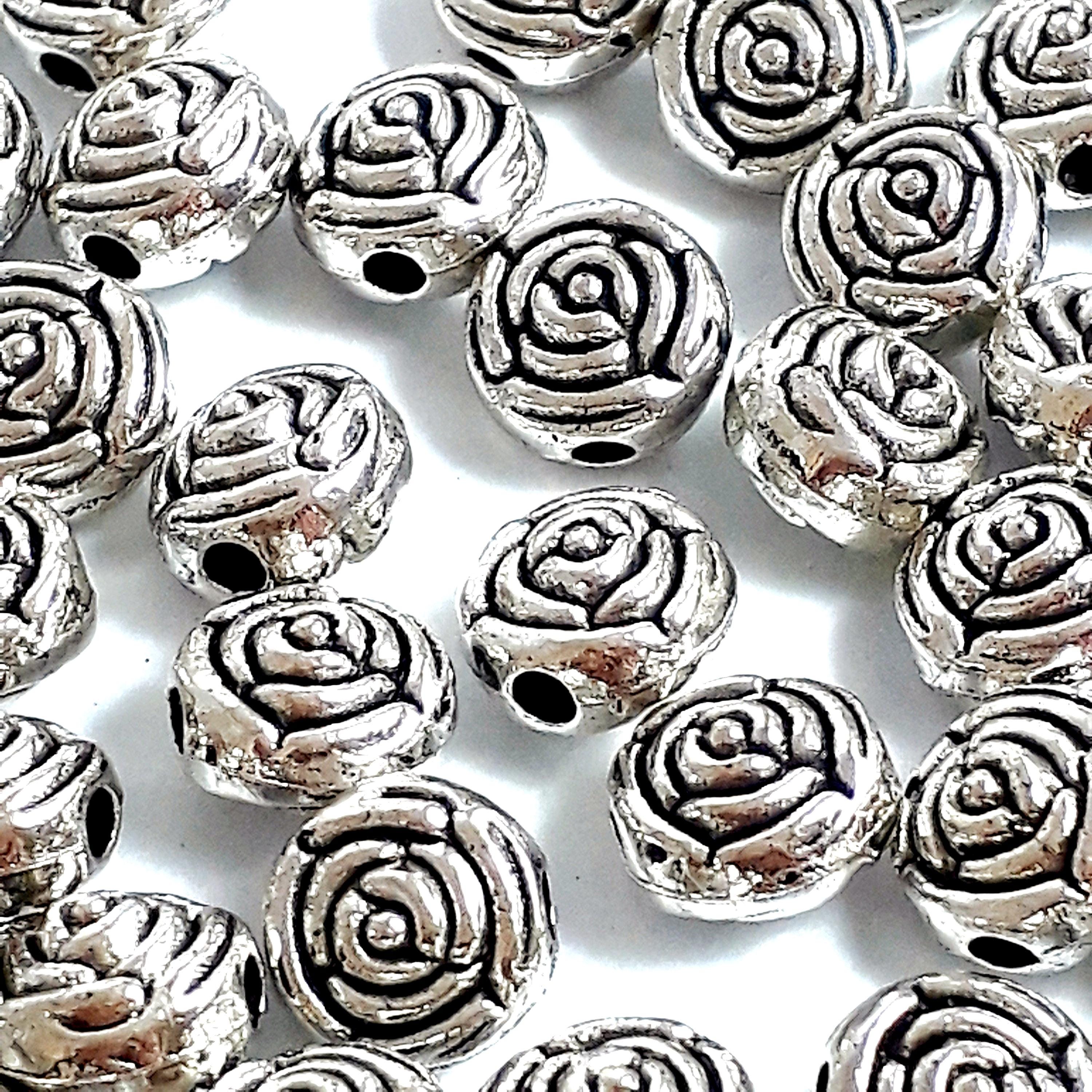 Round Rose Flower Antique Silver 7mm - 20pcs