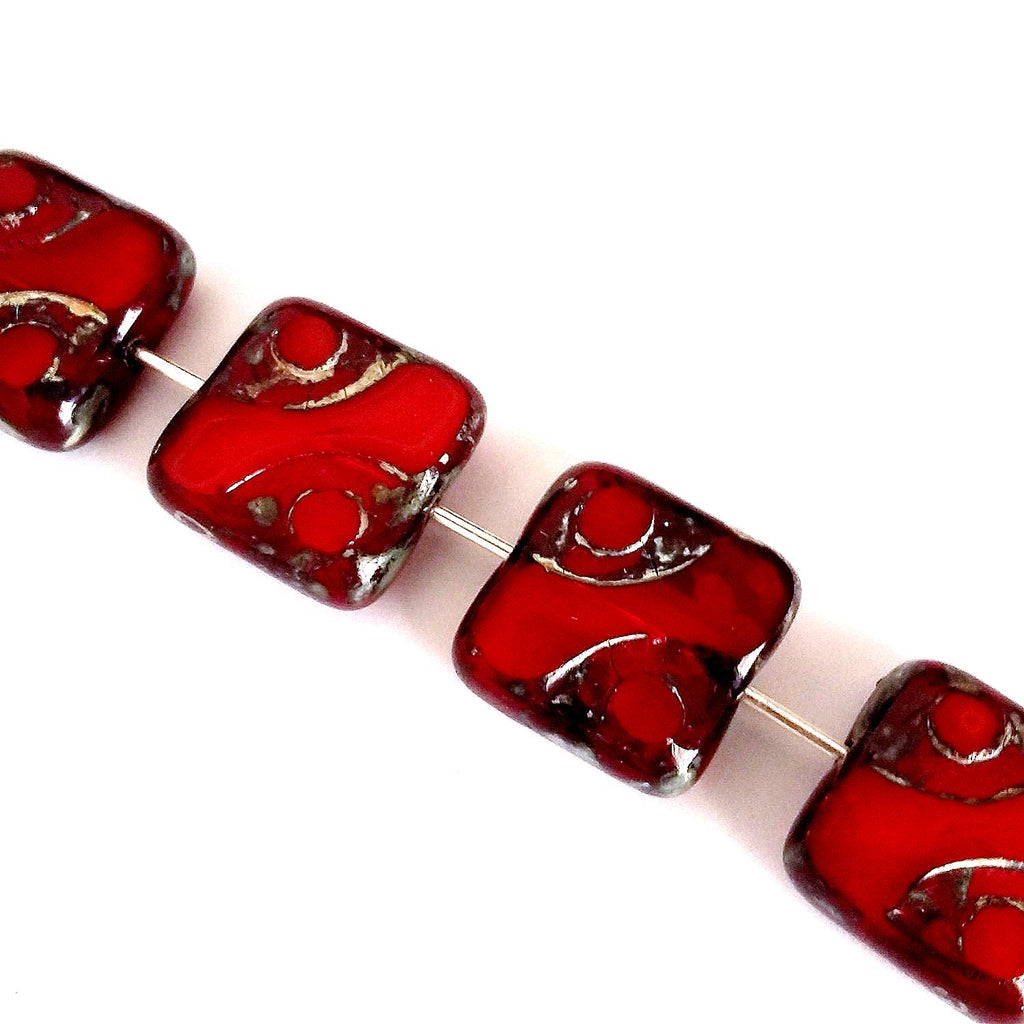 Red Picasso Table Cut Czech Glass Square 10mm - 6pcs