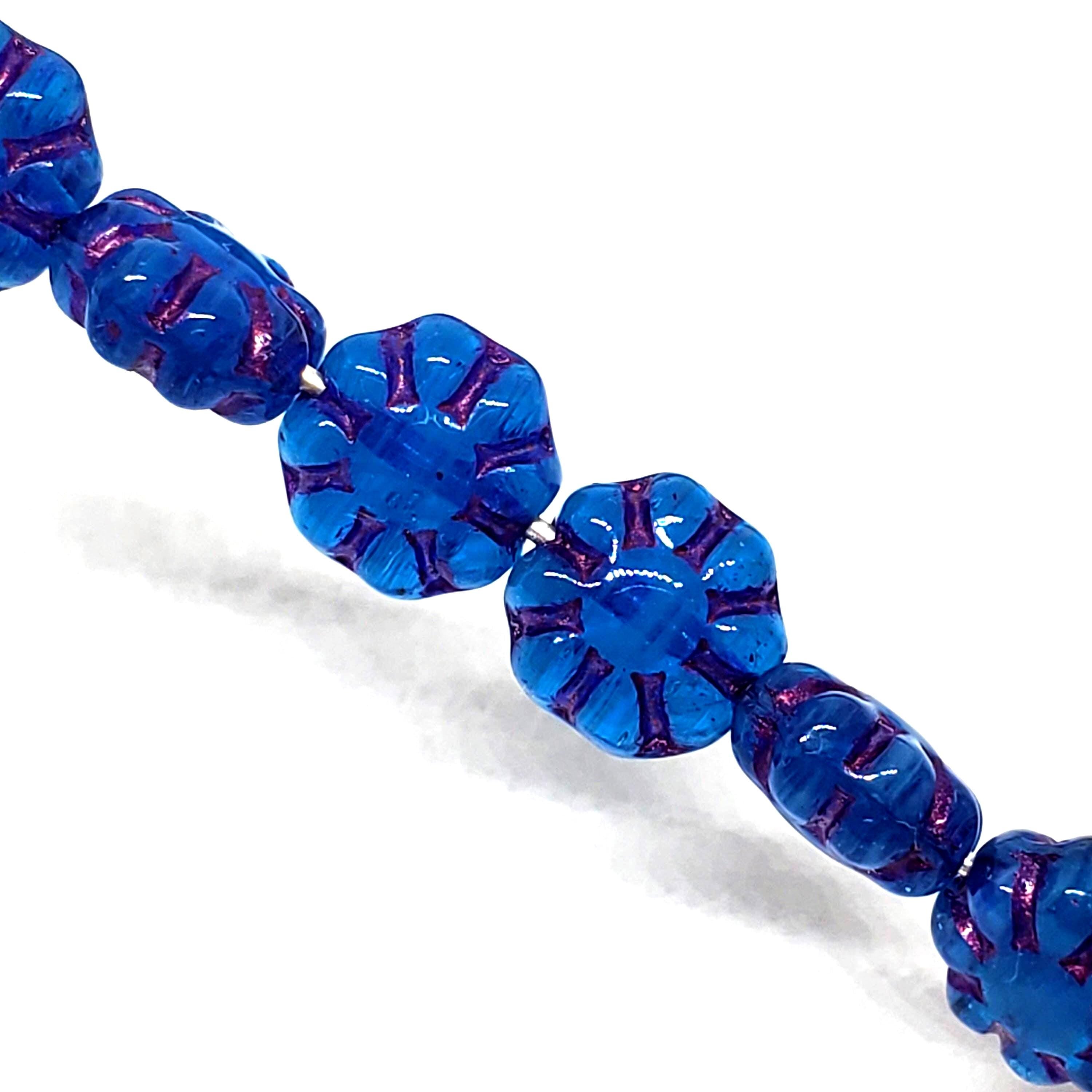 Blue & Magenta Lined Czech Glass Hawaiian Flower 9mm - 10pcs