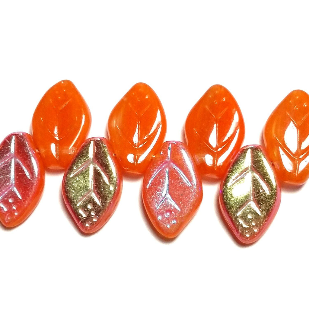 Bright Orange & Metallic Czech Glass Leaf 12x7mm - 20pcs