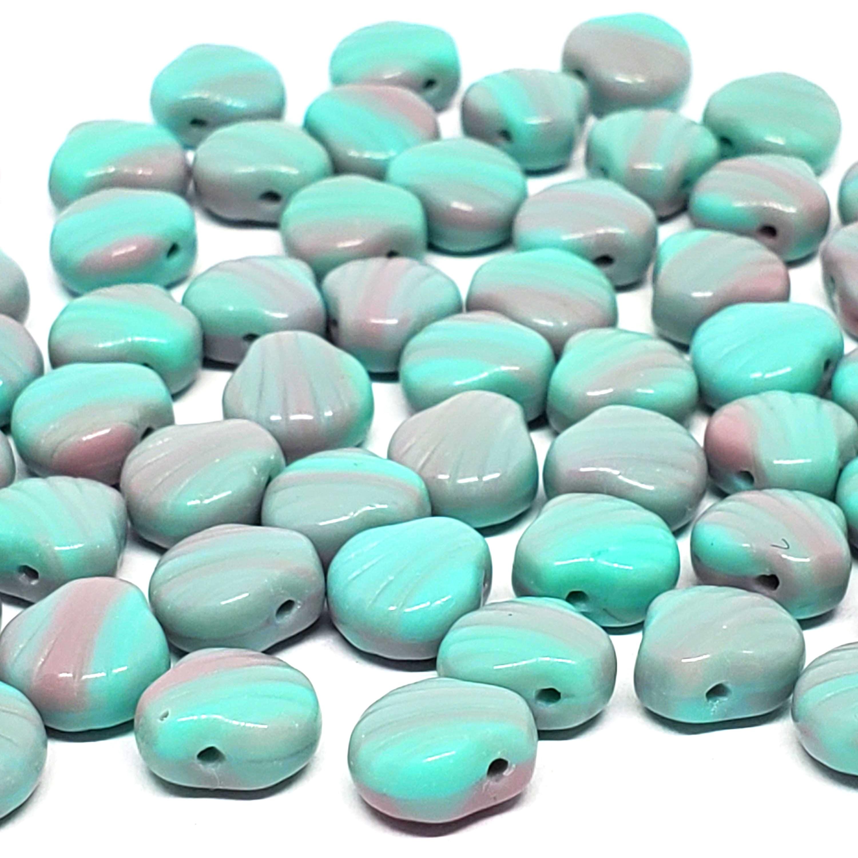 Pastel Green Turquoise & Pink Czech Glass Shell 9mm - 10pcs