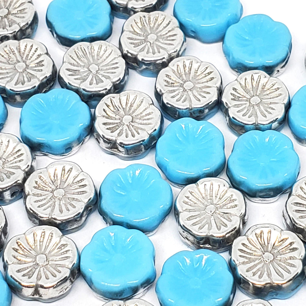 Blue & Silver Pressed Glass Hawaiian Flower Czech Glass 12mm - 6pcs