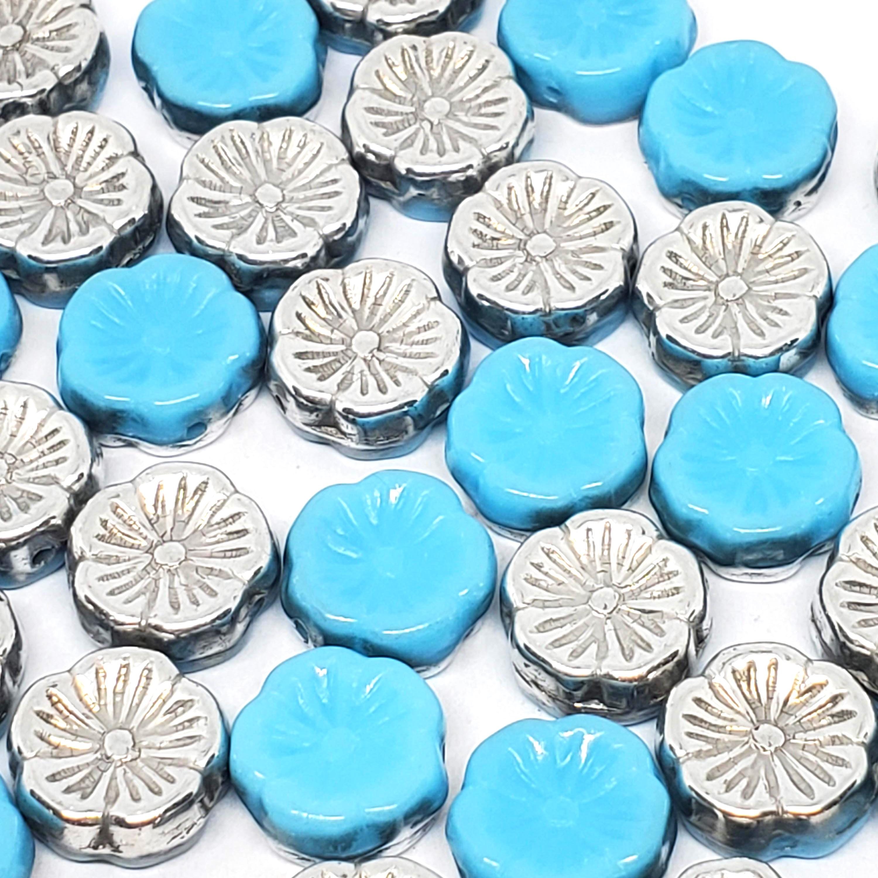 Blue & Silver Pressed Glass Hawaiian Flower Czech Glass 12mm - 6pcs