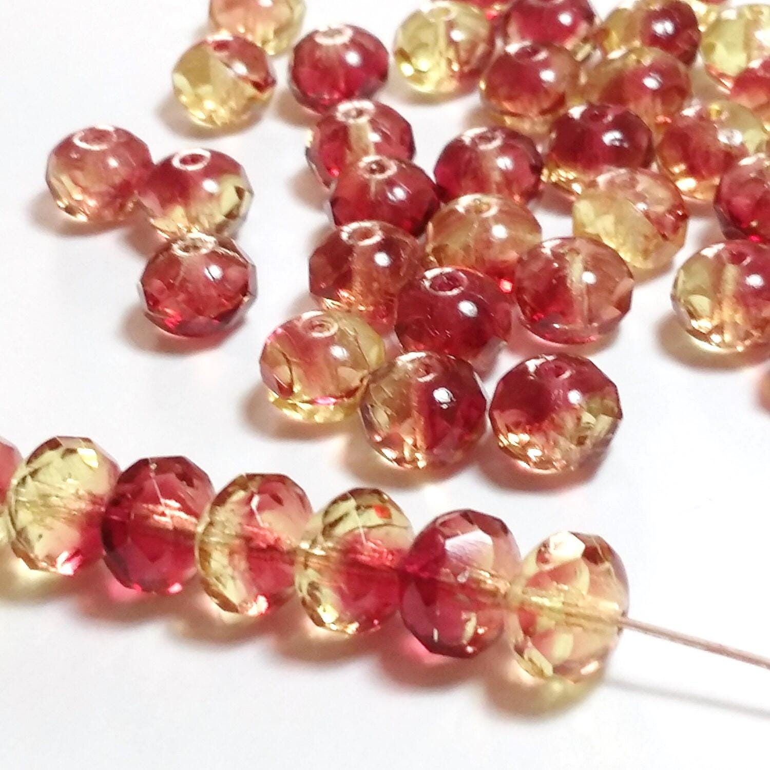 Cherry Red & Yellow Czech Glass Faceted Rondelle 8x6mm - 10pcs