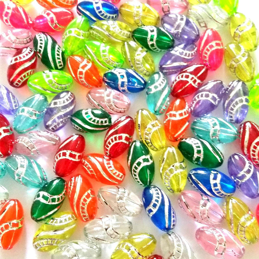 Mixed Colour Silver Etched Oval Acrylic 13x7mm - 50pcs