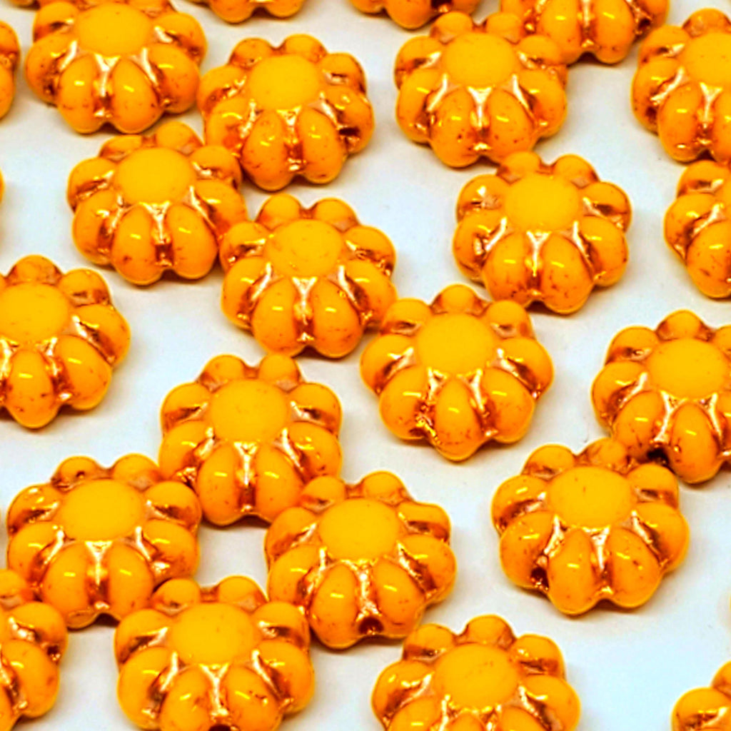 Dark Yellow & Copper Hawaiian Flower Czech Glass 9mm - 10pcs