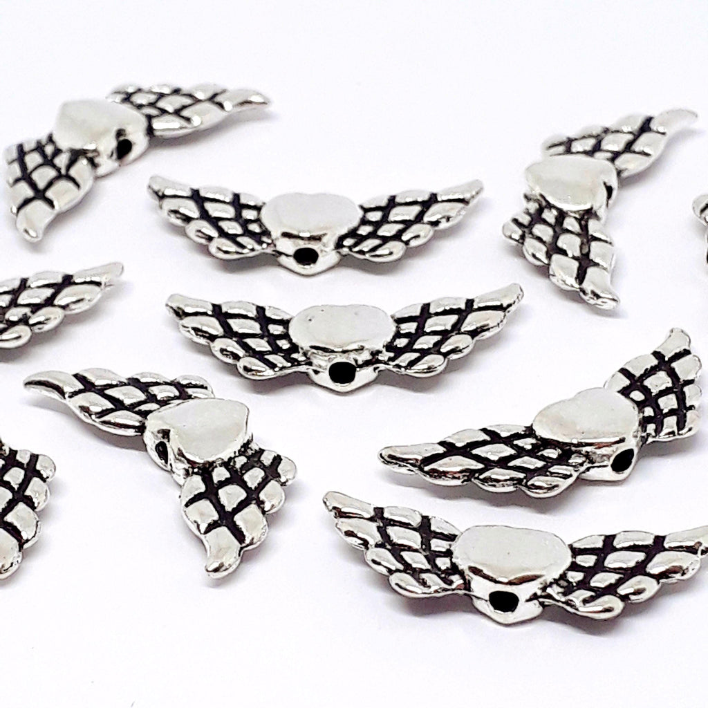 Heart Angel Wing Antique Silver 22x9mm - 10pcs