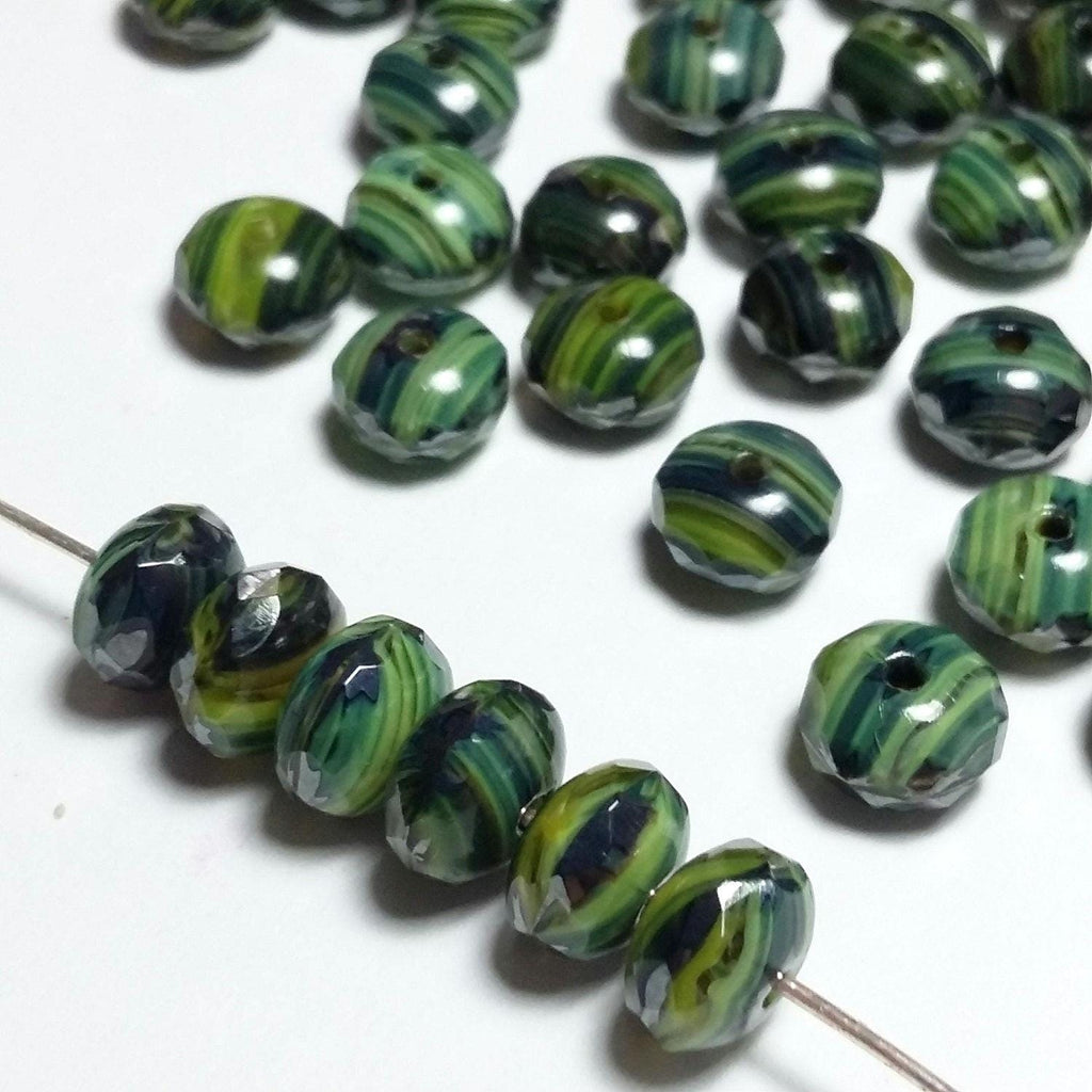 Green Striped Czech Glass Faceted Rondelle 7x4mm - 10pcs