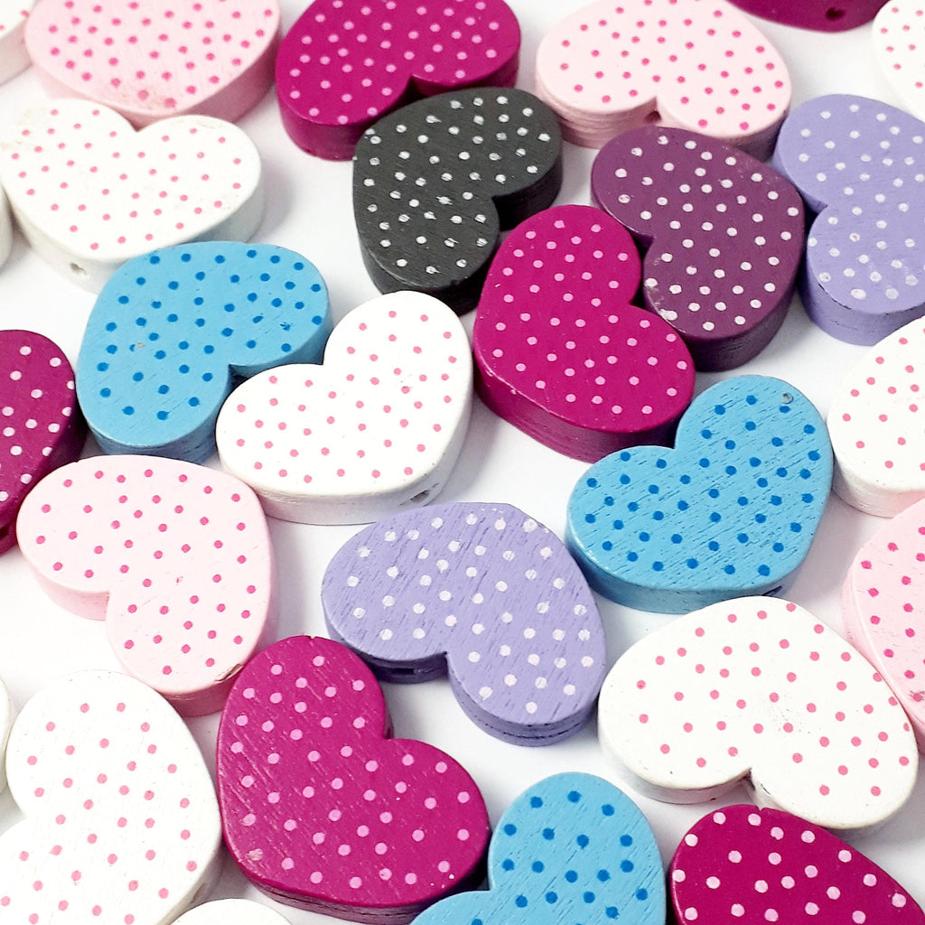 Wood Dotted Heart Mixed Colour 26x18mm - 20pcs