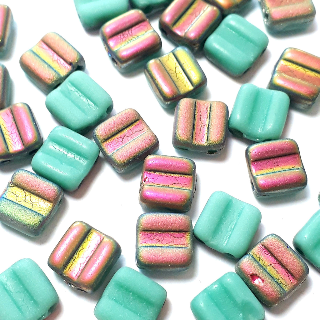 2-Hole Matte Turquoise & Metallic Gold/Pink Czech Glass Square 6mm - 20pcs