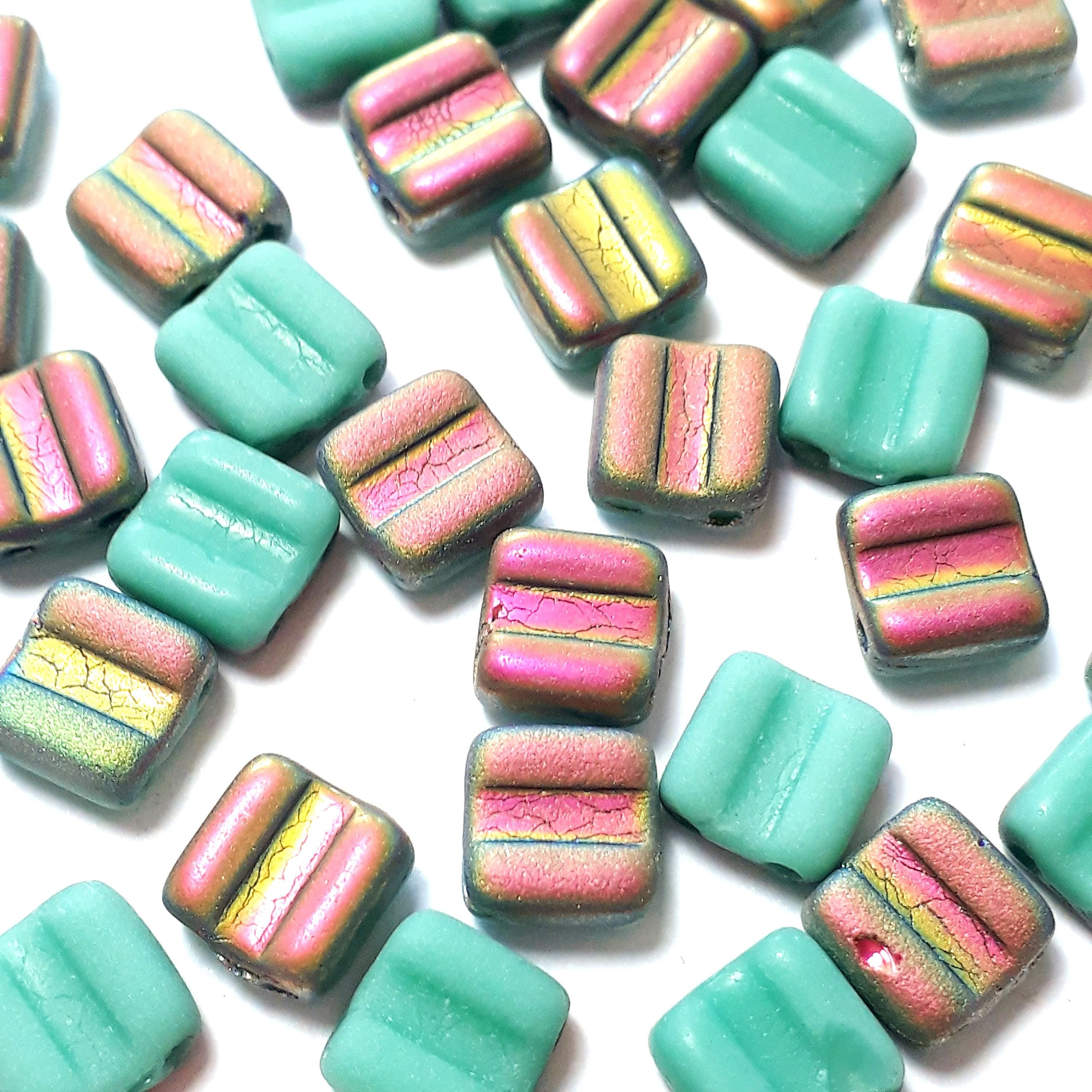 2-Hole Matte Turquoise & Metallic Gold/Pink Czech Glass Square 6mm - 20pcs