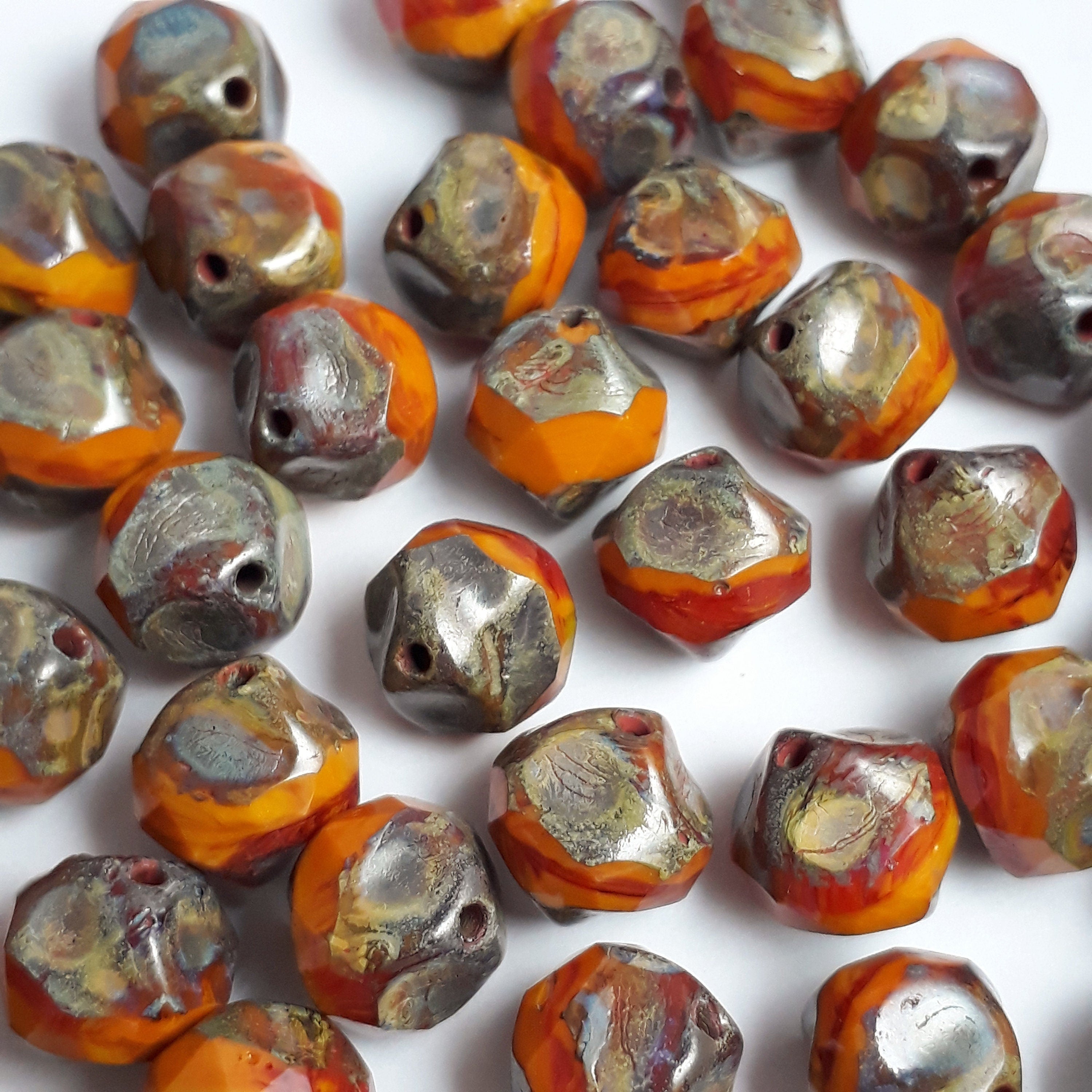 Orange Picasso Faceted Bicone Czech Glass 9x8mm - 6pcs