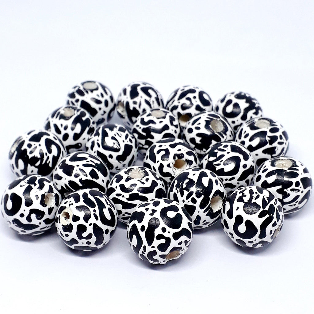 White & Black Leopard Print Wood 16x15mm - 5pcs