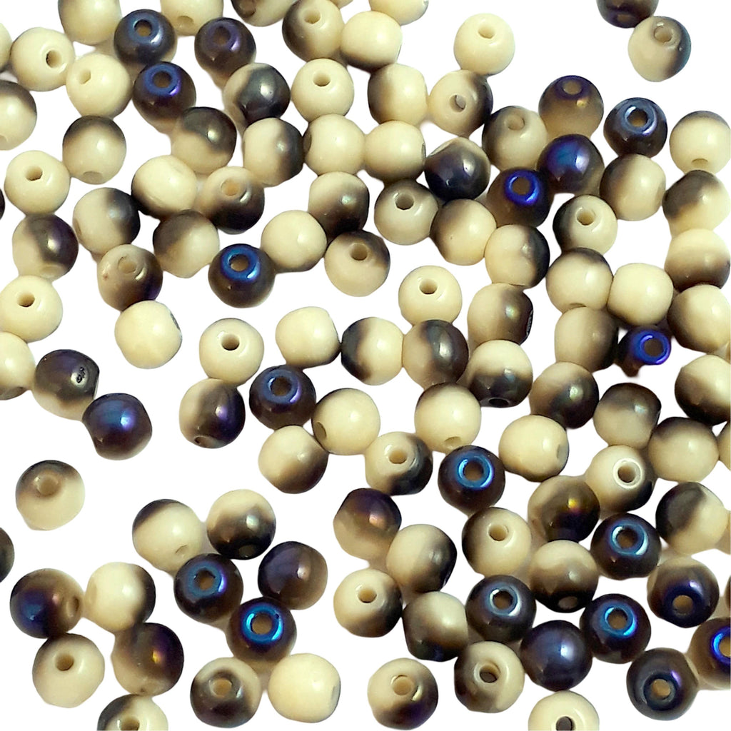 Cream & Metallic Blue Czech Glass Round 3mm - 120pcs