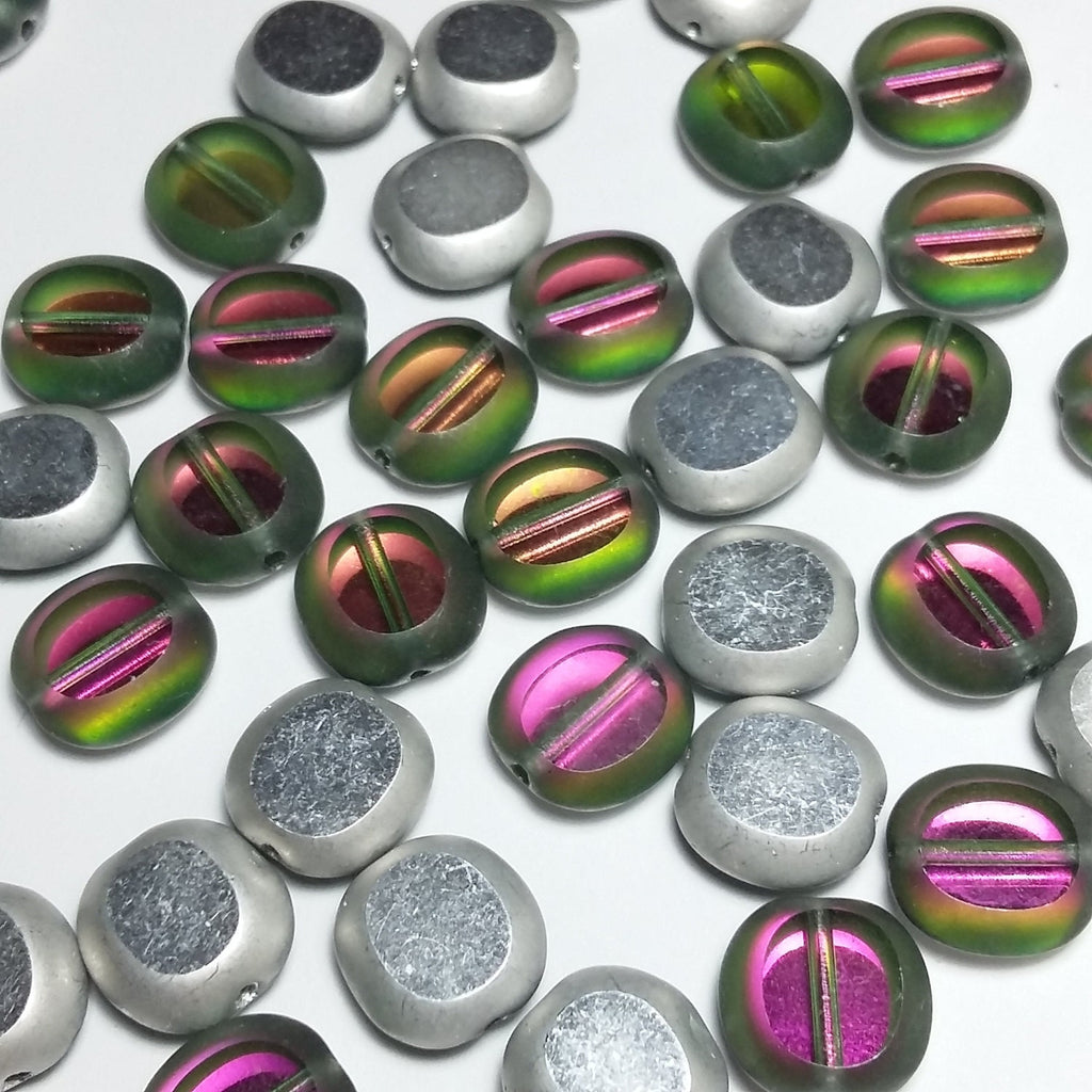 2-Sided Green & Pink/Silver Czech Glass Cushion 10x9mm - 10pcs