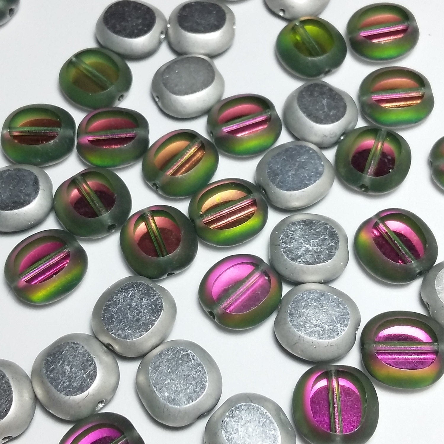 2-Sided Green & Pink/Silver Czech Glass Cushion 10x9mm - 10pcs
