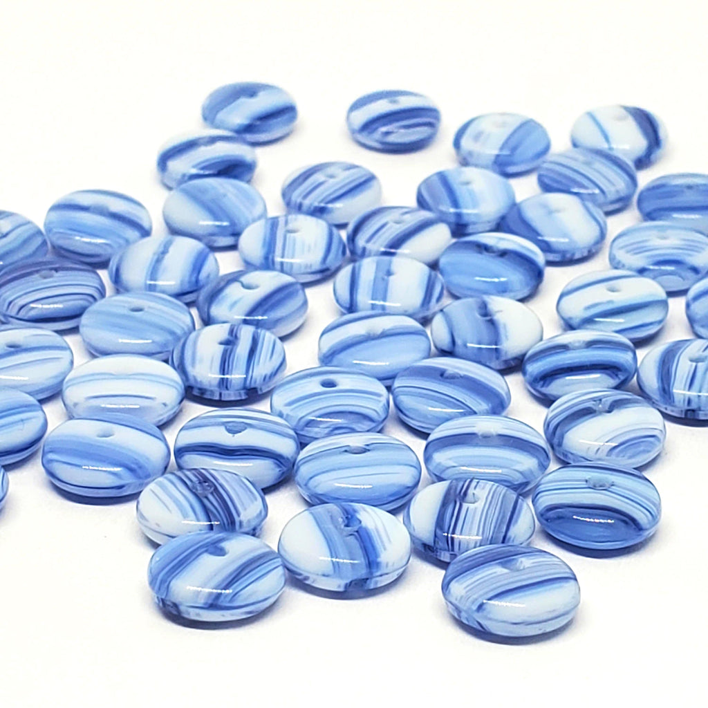 White & Blue Striped Czech Glass Druk Disc 8mm - 30pcs