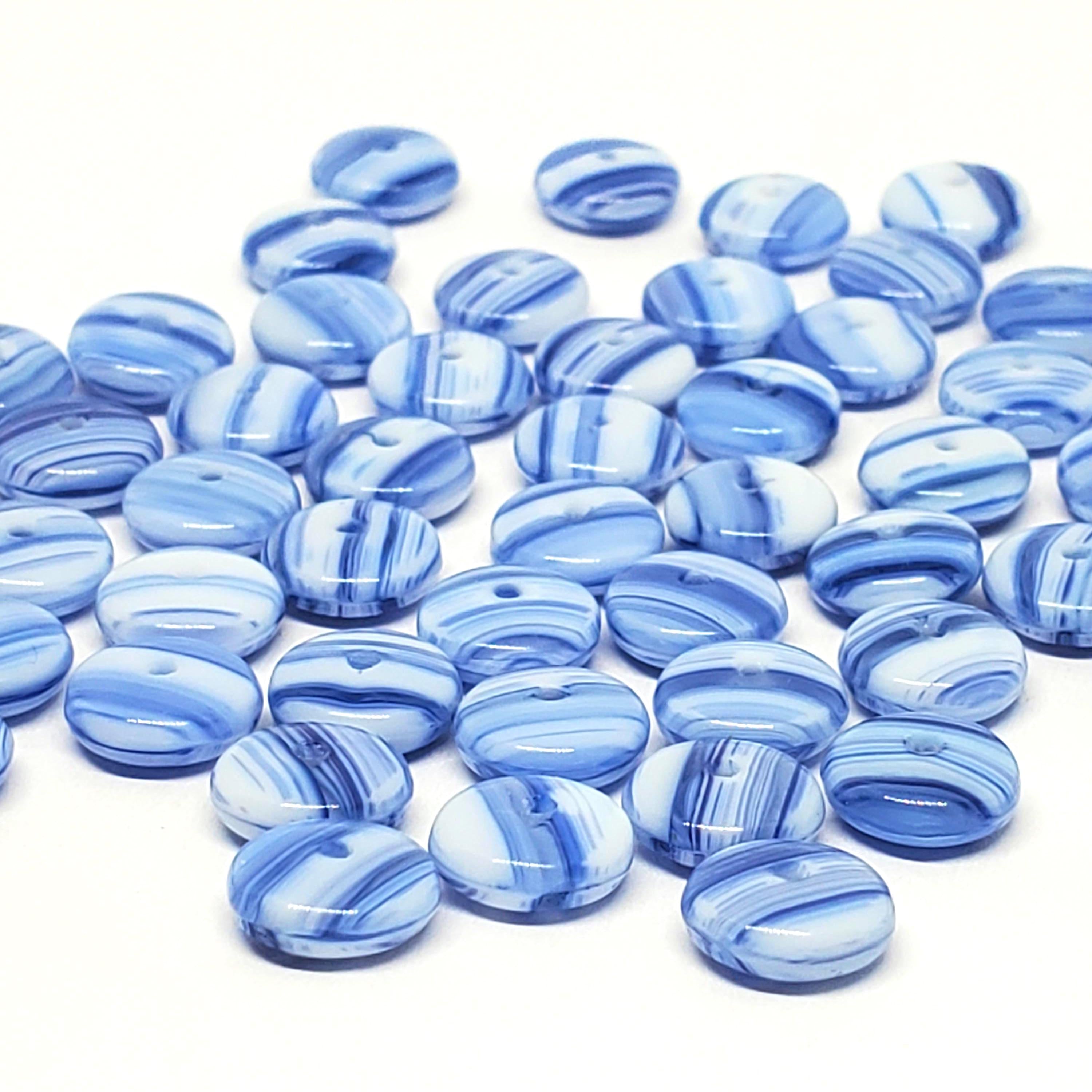 White & Blue Striped Czech Glass Druk Disc 8mm - 30pcs