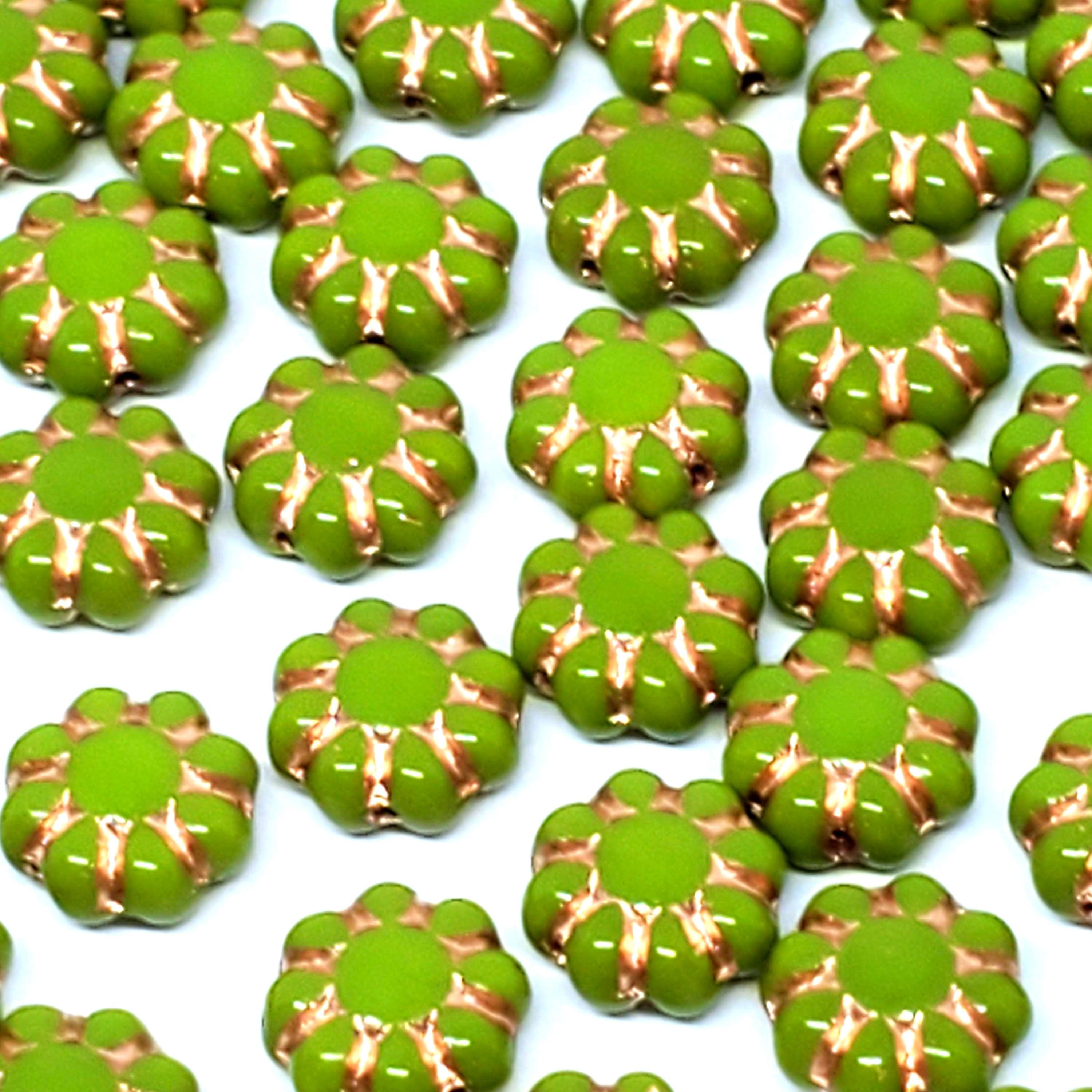 Green & Copper Hawaiian Flower Czech Glass 9mm - 10pcs