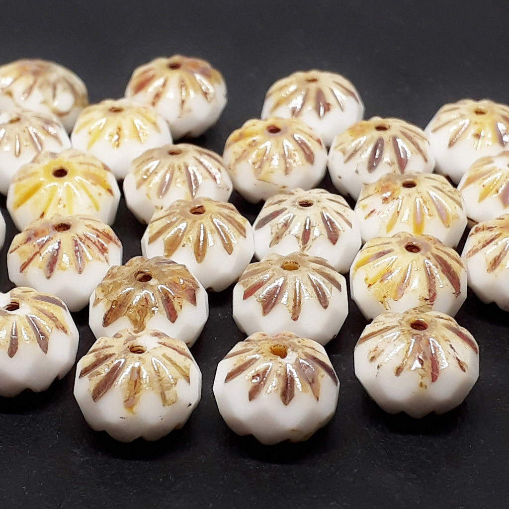 White & Brown Czech Glass Rondelles 10x7mm - 6pcs