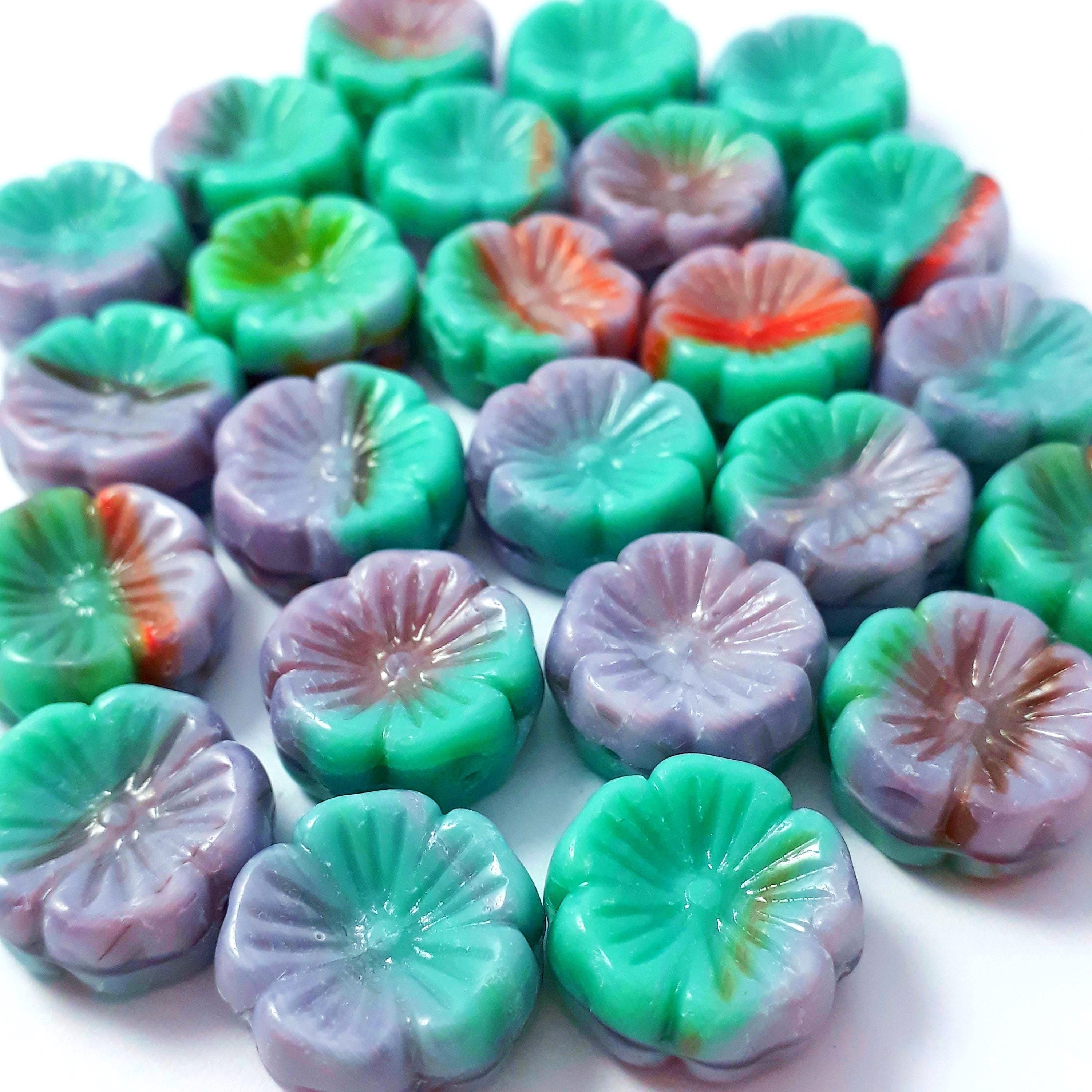Purple & Turquoise Multicolour Hawaiian Flower Czech Glass 14mm - 6pcs