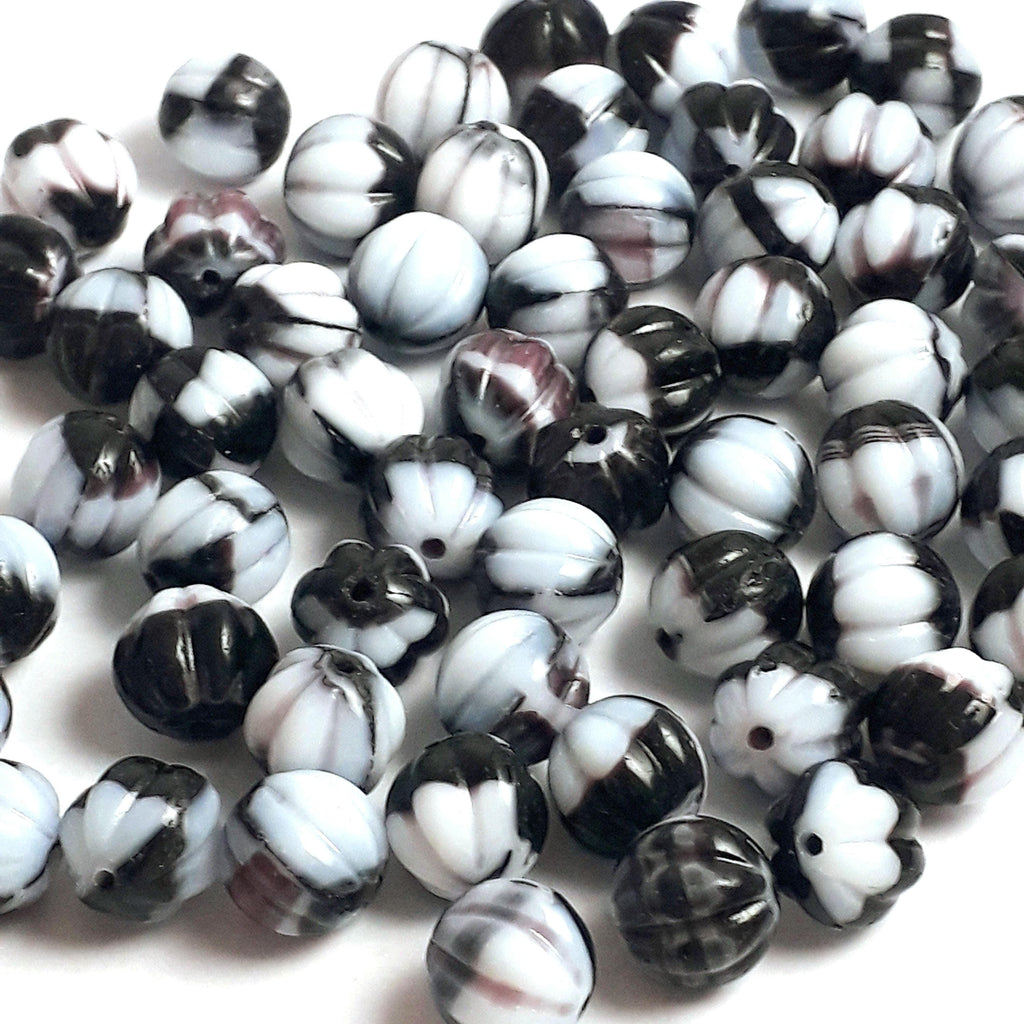 Black, White & Brown Fluted Czech Glass 8mm - 10pcs